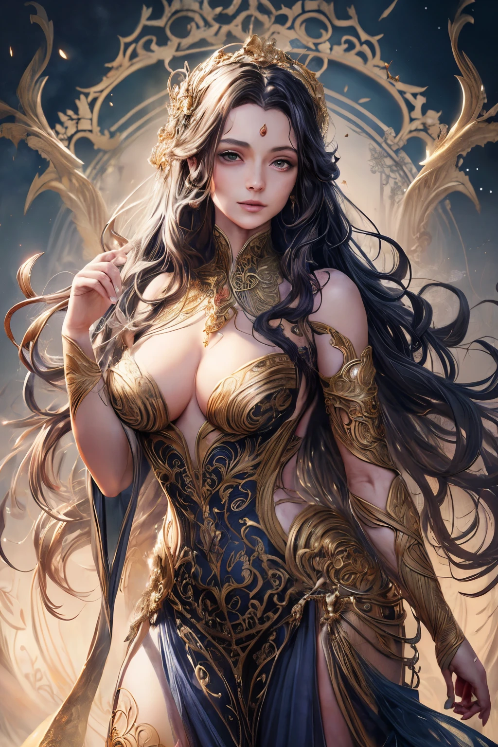 A beautiful woman with perfect features stands near perfection, her shapeless long hair cascading down in intricate waves, adorned in a Rococo style evening dress. The ethereal background radiates abstract beauty, with intricate details that align with the Golden Ratio. The minimalist design, though unfinished, showcases a concept art piece by Brian Froud, Carne Griffiths, and Wadim Kashin. The high-resolution image, rendered in 8k post-production, exhibits every detail with pinpoint sharp focus and superb intricacy. Studio photos reveal the perfect form of the woman, with her skin displaying intricate textures that seem to shimmer under the