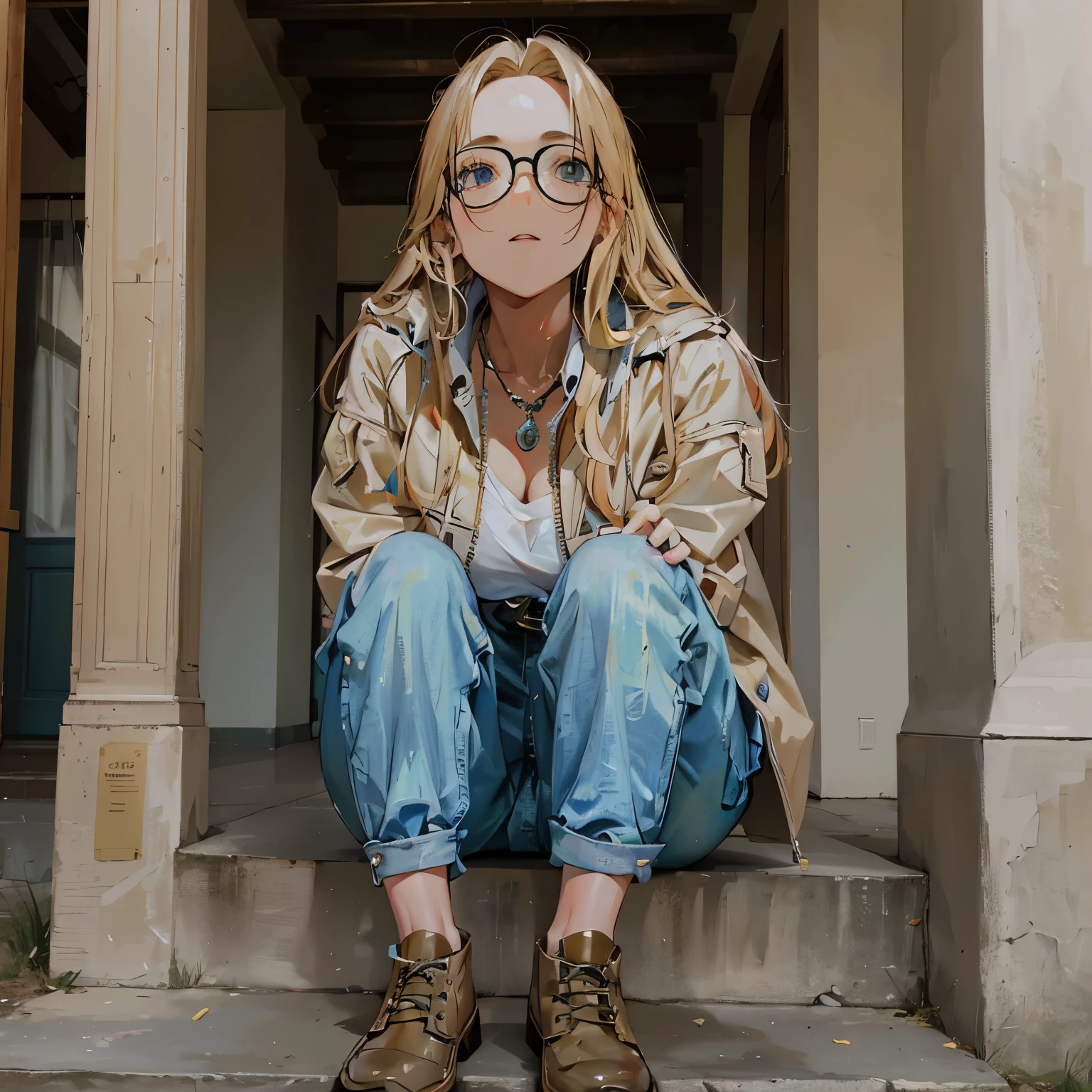 Frau, 20 jahre alt, blonde Haare, Harre in einer Klammer zusammen, Beige Steppjacke, blauer Schal, Jeanshose, ernster Blick, 1,63 m tall, greenish shimmering glasses, normal gebaut, mit einer Zigarette im Mund, brauner Haaransatz, goldene Ohrstecker