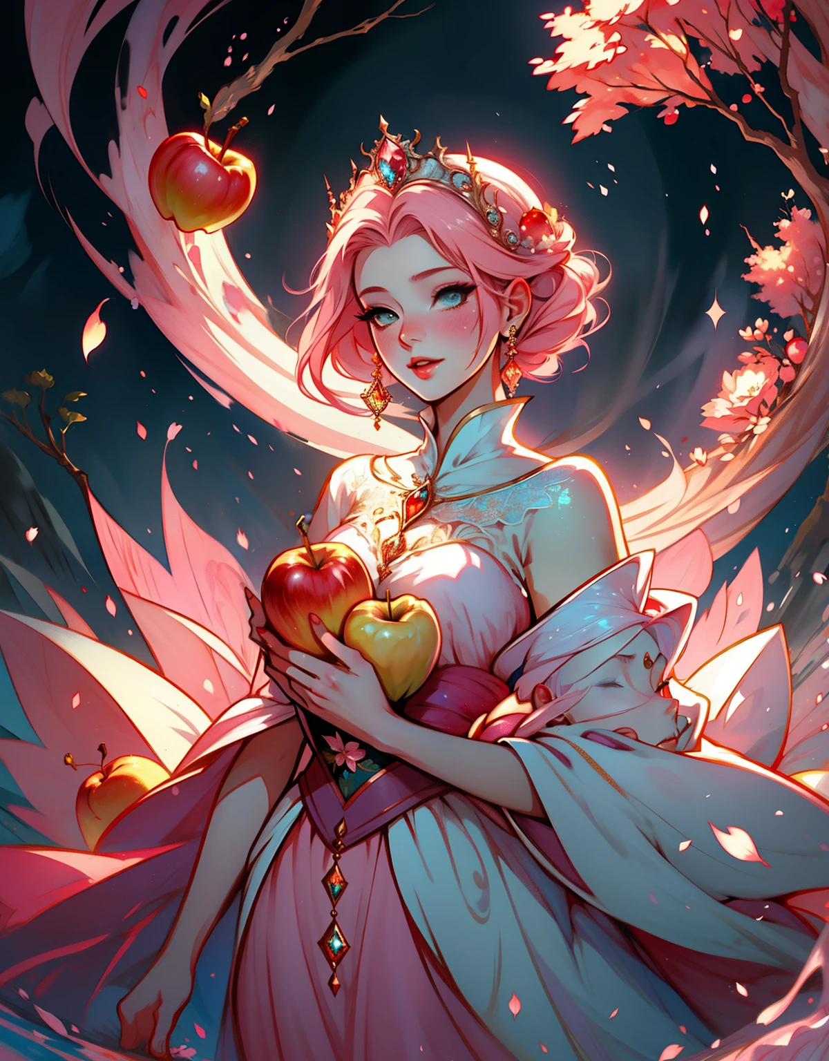 1 mulher, fantasiada de branca de neve, strong emotions, sakura,pink hair,  cabelo curto, luz, foco, como branca de neve, corpo inteiro, solo, magia ao seu redor. illustration! from head to toe, vestido azul e amarelo, Holding an apple