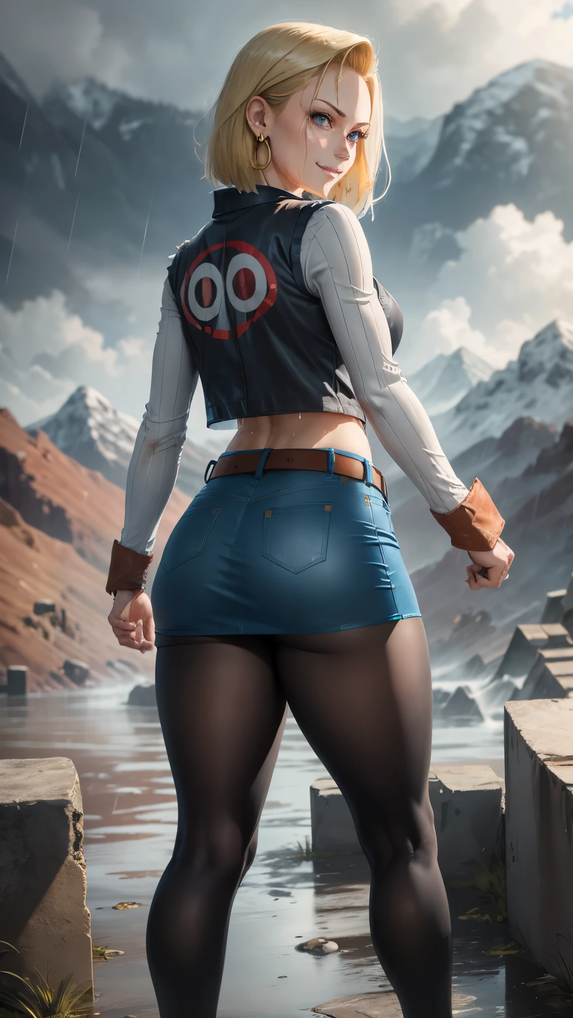 best quality, highres, and18, 1girl, android 18, solo, blonde hair, blue eyes, belt, tight blue demin skirt, gold_necklace, closed fists, black shirt, short hair, long sleeves, earrings, open vest, denim vest, medium breasts, cowboy shot, mountains, straight-on, (weather: raining and windy), wet clothes, fierce smile, combat stance, full length pantyhose, battle ruins, wide hips, thick legs, wet body, dirty clothes, from behind,