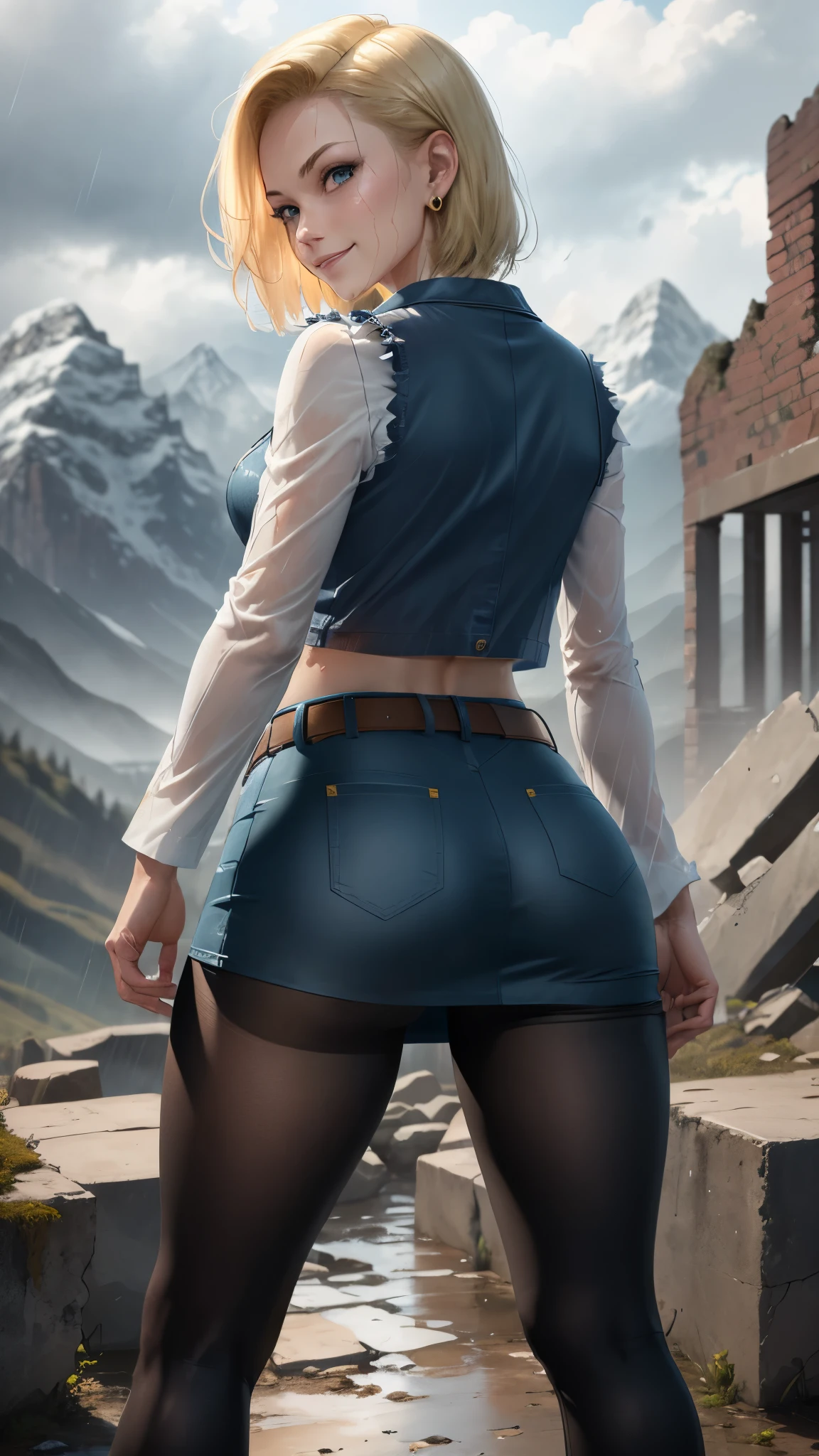 best quality, highres, and18, 1girl, android 18, solo, blonde hair, blue eyes, belt, tight blue demin skirt, gold_necklace, closed fists, black shirt, short hair, long sleeves, earrings, open vest, denim vest, medium breasts, cowboy shot, mountains, straight-on, (weather: raining and windy), wet clothes, fierce smile, combat stance, full length pantyhose, battle ruins, wide hips, thick legs, wet body, dirty clothes, from behind,
