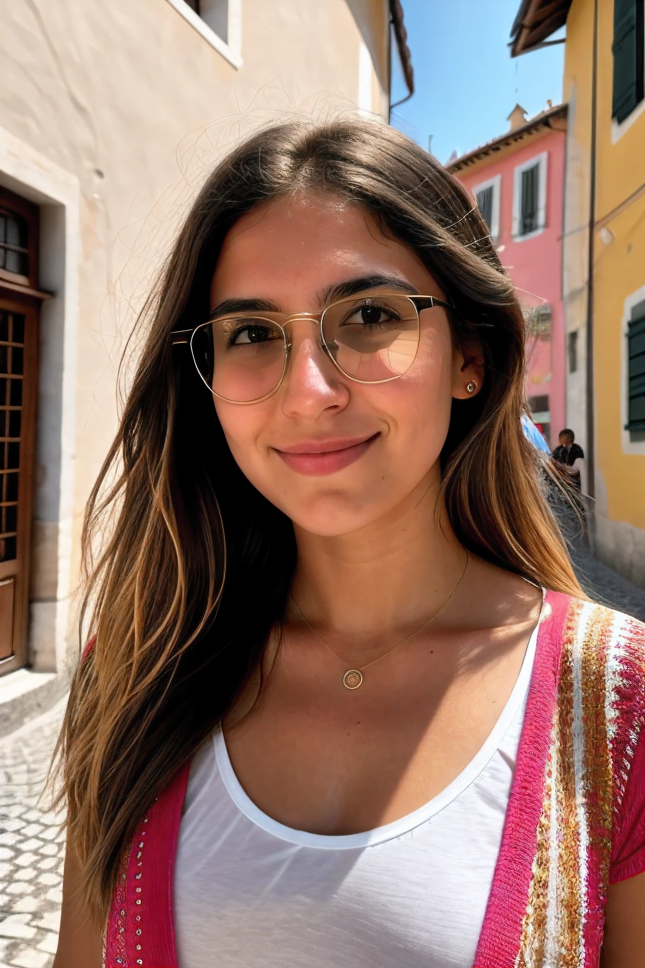 Foto do Instagram, Rosto Close-up 1.4f, efeito bookeh, sunglasses, Bandolete, Foto tirada por 23 Y.o Chloe in mixed color clothes on the streets of Italy, decote, pale skin, (sorriso:0.4), Sombras duras, posando, positions, alardear, Micro detalhes, luz suave, fotorrealista, proporcional, hiper detalhes,