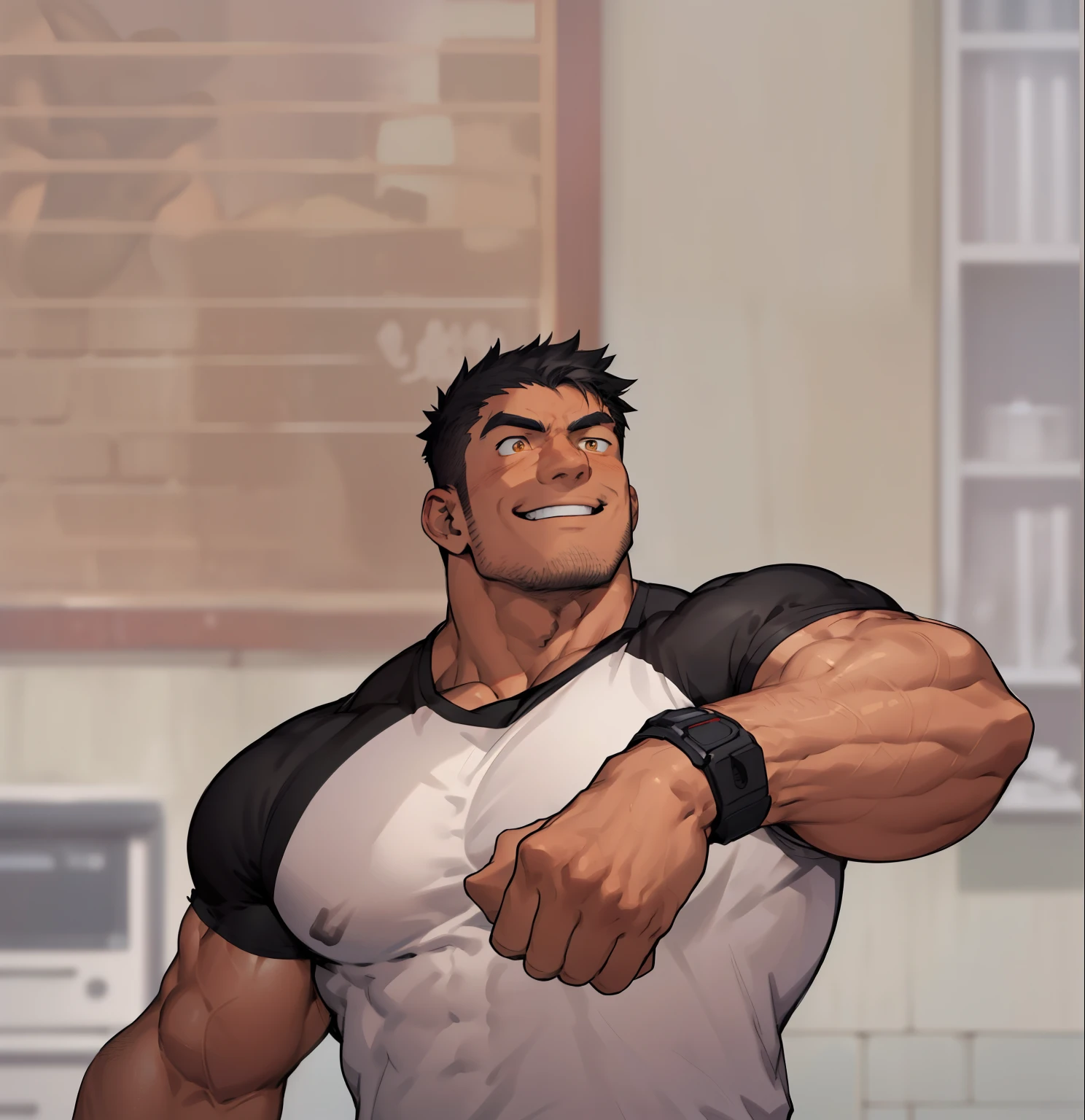 masterpiece, best quality, there is a cartoon of a man with a fist in his hand, muscular character, muscular male hero, beefcake pose, muscular!, muscular!!, mid-shot of a hunky, commission for high res, muscular! cyberpunk, super buff and cool, heavy gesture style closeup, very buff, muscular!!!, buff man, muscular characters, muscular! white shirt with black details on it, smiling, orange eyes, detailed eyes, black hair