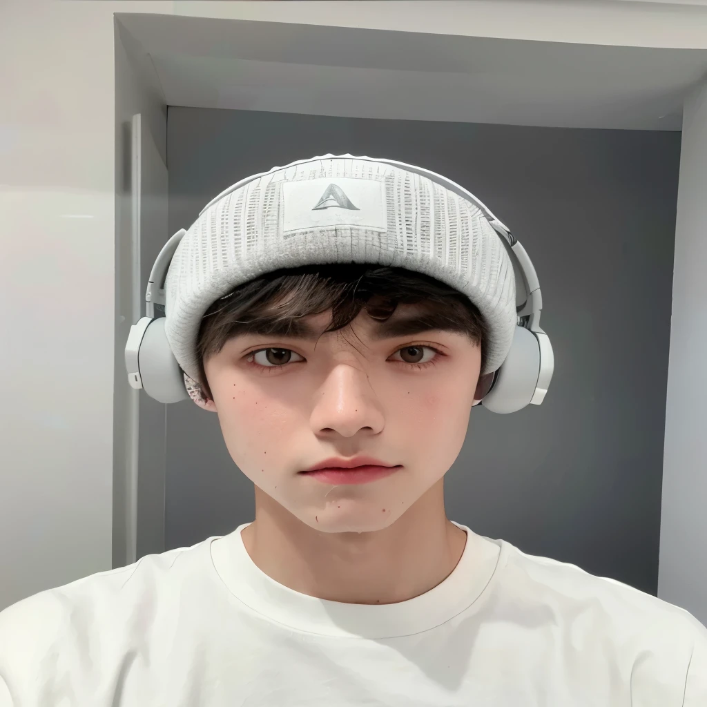 arafed boy Usando auriculares and a white t - shirt, declan mckenna, con auriculares, llevando una corona gris claro, cara perfecta y chico, contraction serpentine / jugador ludwig, con auriculares, tommy 1 6 years, lleva una corona gris claro, con un sombrero raro, tiene auriculares, cara de alta calidad, Usando auriculares, very cara de alta calidad
