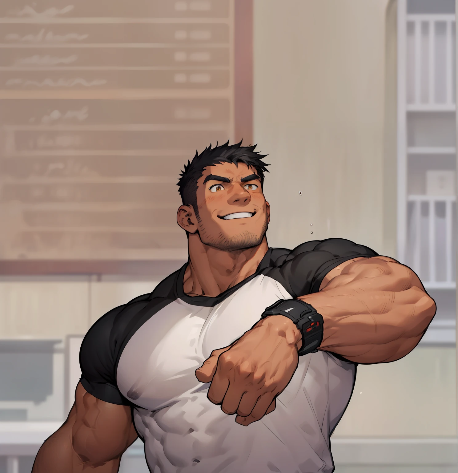 masterpiece, best quality, there is a cartoon of a man with a fist in his hand, muscular character, muscular male hero, beefcake pose, muscular!, muscular!!, mid-shot of a hunky, commission for high res, muscular! cyberpunk, super buff and cool, heavy gesture style closeup, very buff, muscular!!!, buff man, muscular characters, muscular! white shirt with black details on it, smiling, orange eyes, detailed eyes, black hair