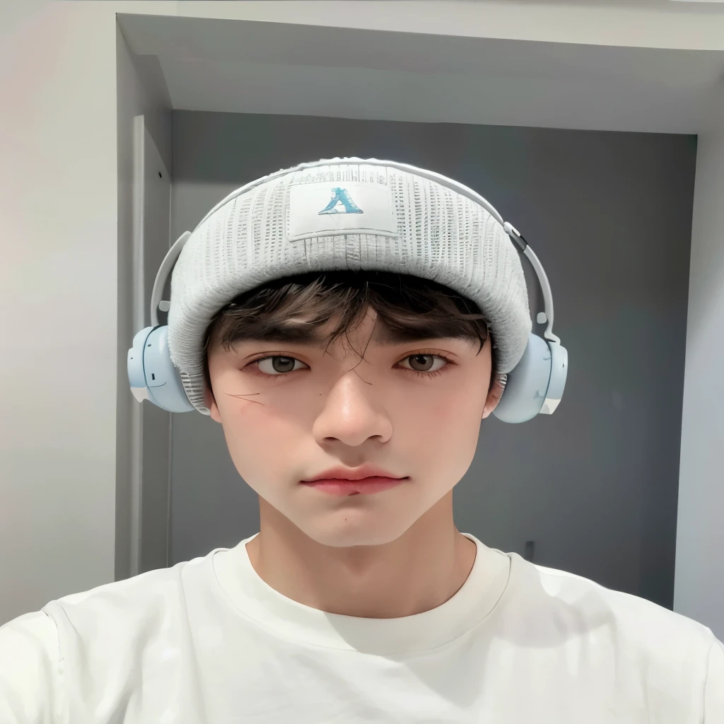 arafed boy Usando auriculares and a white t - shirt, declan mckenna, con auriculares, llevando una corona gris claro, cara perfecta y chico, contraction serpentine / jugador ludwig, con auriculares, tommy 1 6 years, lleva una corona gris claro, con un sombrero raro, tiene auriculares, cara de alta calidad, Usando auriculares, very cara de alta calidad