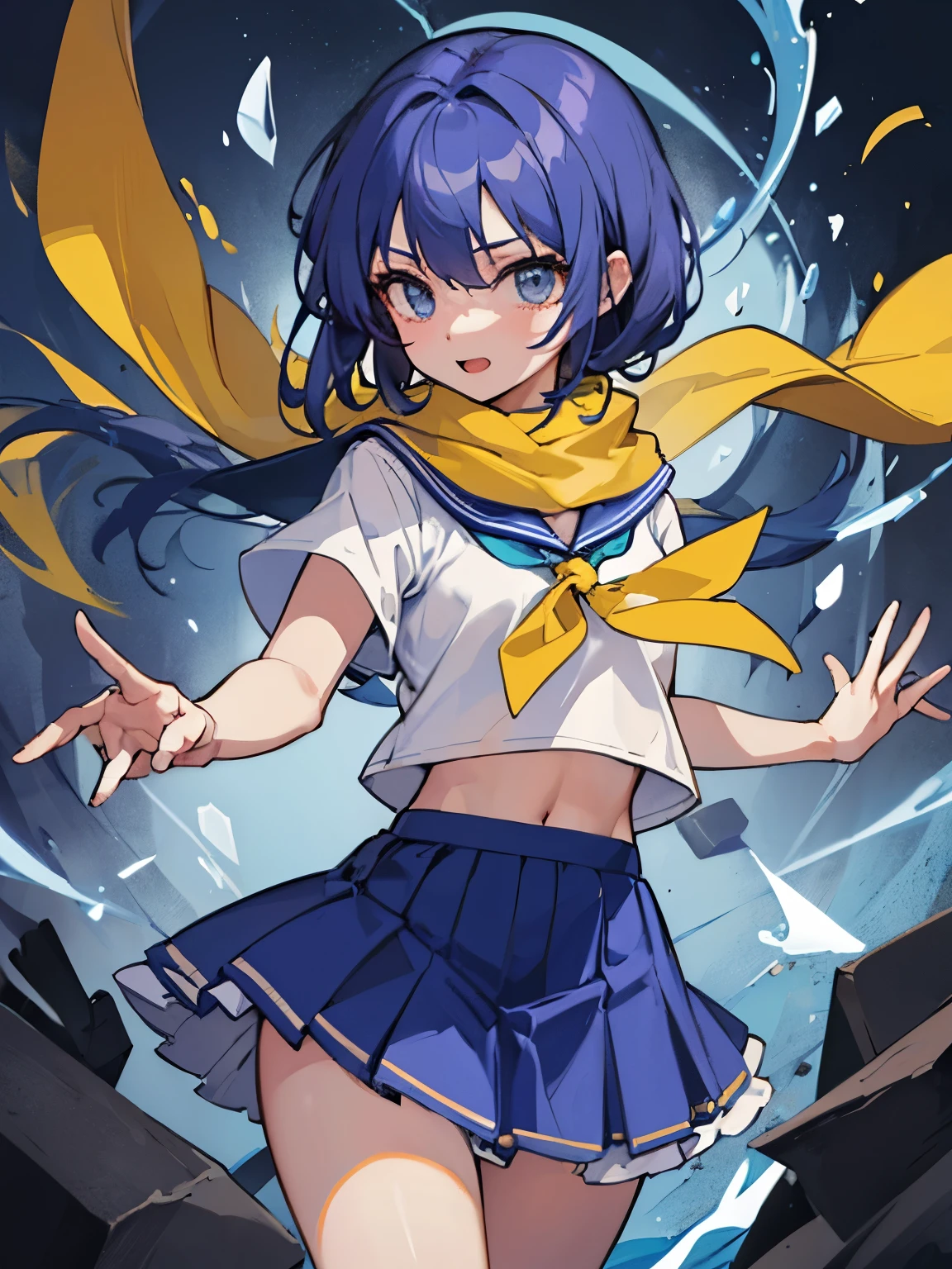 10th generation women、Beautiful blue hair、chest length hair(tied slightly at the back)、sailor suit(Scarf is yellow、Blue scarf closure、Blue with pleated skirt)、Ready to unleash magic、Energetic expression、The background is glowing