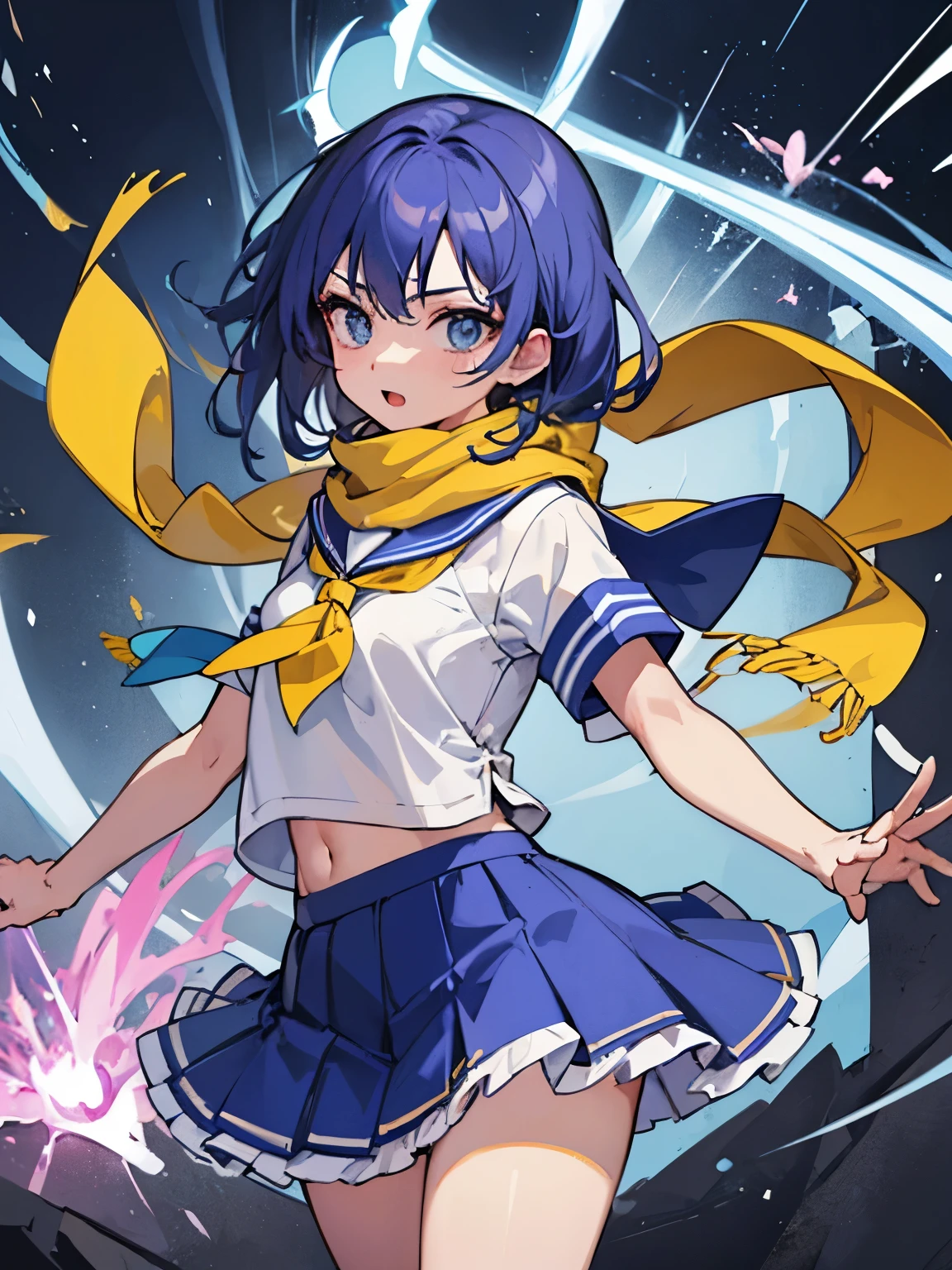 10th generation women、Beautiful blue hair、chest length hair(tied slightly at the back)、sailor suit(Scarf is yellow、Blue scarf closure、Blue with pleated skirt)、Ready to unleash magic、Energetic expression、The background is glowing