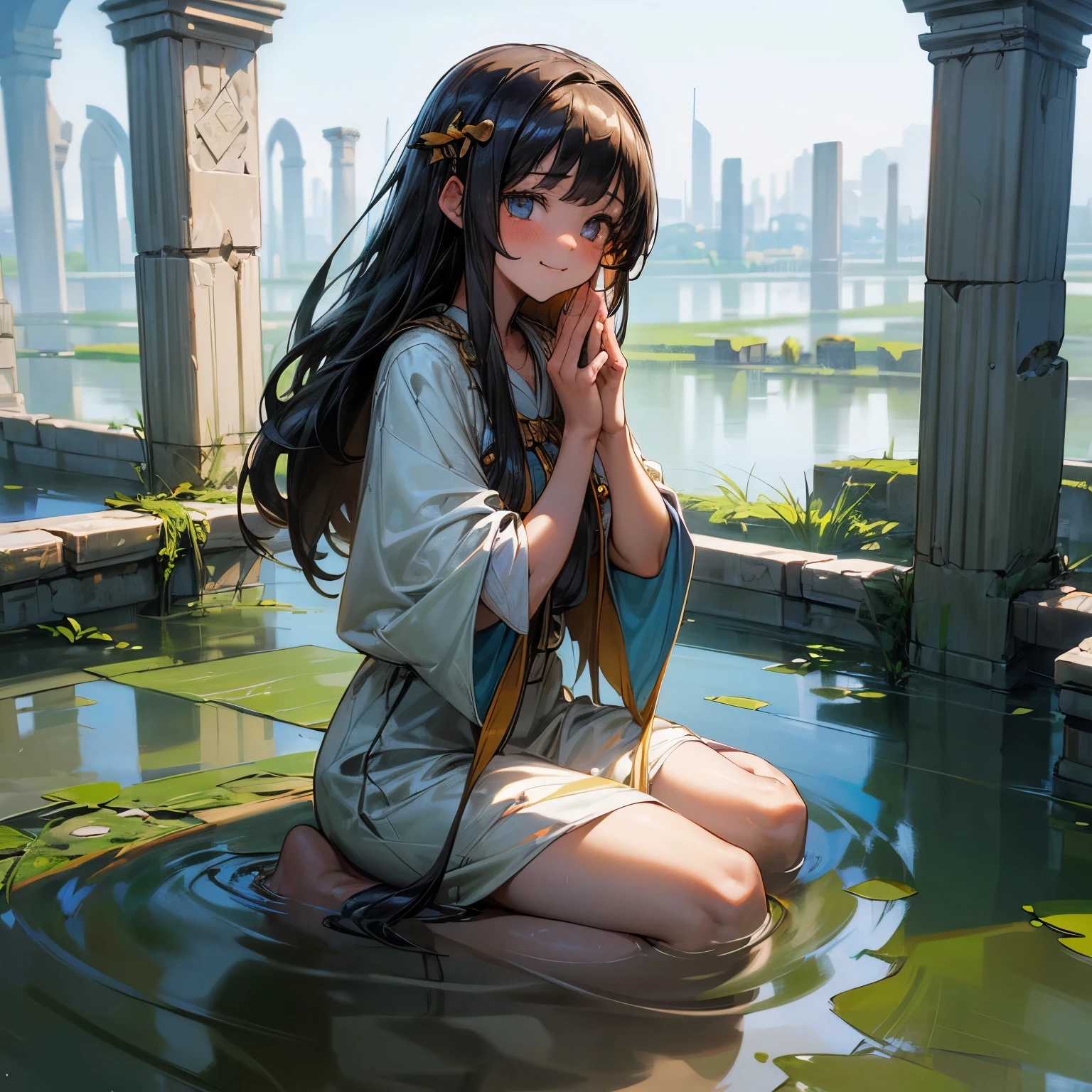 ((Masterpiece)), ((best quality)), (Professional Photography), (Photorealsitic:1.3), 1girl, cute teenage girl, (sad smile), praying, (Tribal priestess clothing), Slender body, , barefoot, (silky Hair), medium hair, cute eyes, Light particles, (wariza the Flooded ancient ruins cityscape), Grass is thriving, (Beautiful and clear waterside),