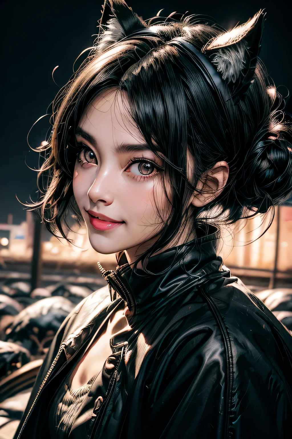 black hair, hair bobbles, wince, longeyelashes, solid circle eyes, fake animal ears, light smile, ear blush, fang, Surrealism, drop shadow, anaglyph, stereogram, tachi-e, pov, atmospheric perspective, 8k, super detail, ccurate, best quality