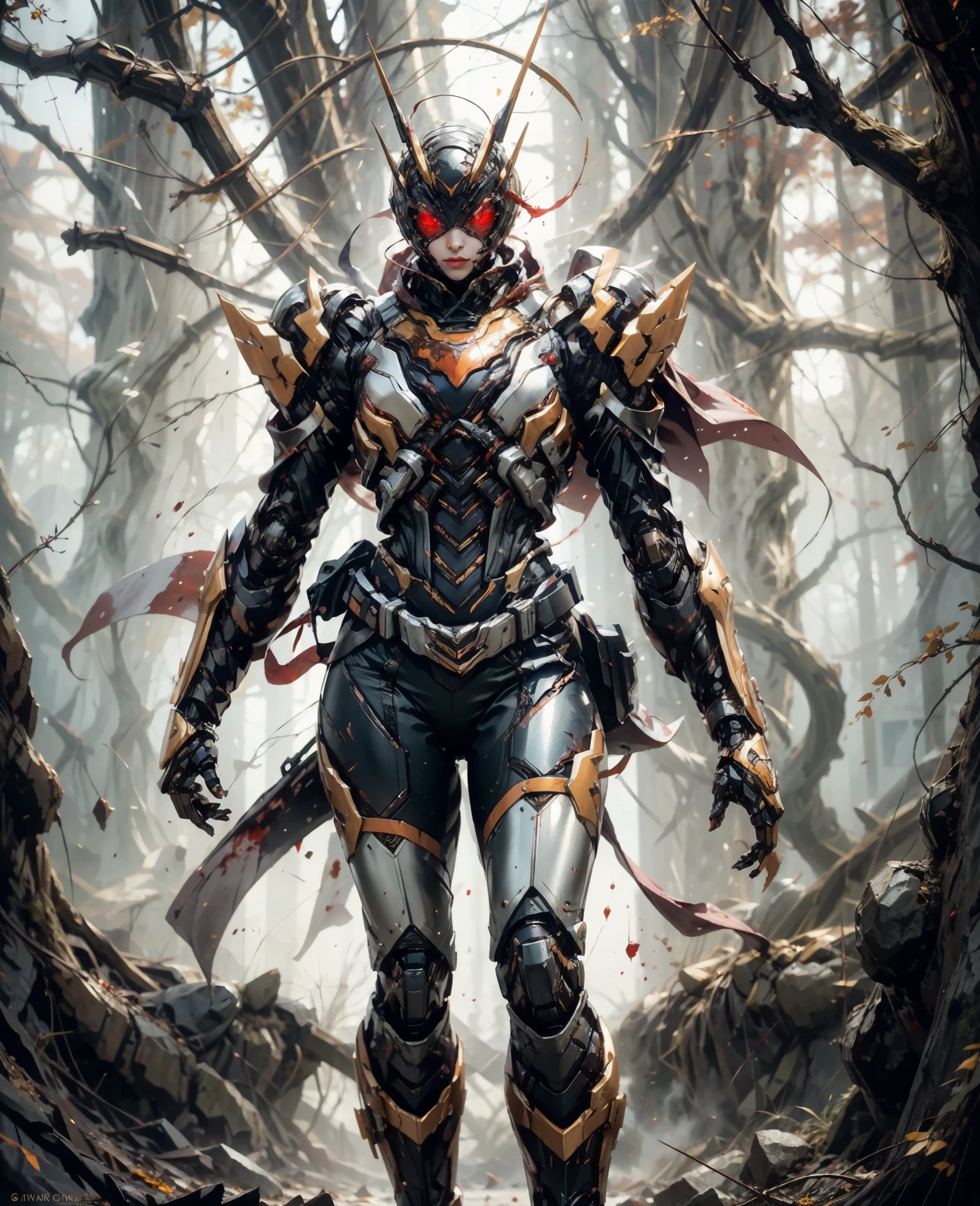 A woman adorned in fantasy-style full-body armor, a crown-concept fully enclosed helmet that unveils only her eyes, a composite layered chest plate, fully encompassing shoulder and hand guards, a lightweight waist armor, form-fitting shin guards, the overall design is heavy-duty yet flexible, the armor gleams with a golden glow, complemented by red and blue accents, exhibiting a noble aura, she floats above a fantasy-surreal high-tech city, this character embodies a finely crafted fantasy-surreal style armored hero in anime style, exquisite and mature manga art style, Queen Bee Concept Armor, ((bio mecha, blood, long legs, elegant, goddess, femminine:1.5)), metallic, high definition, best quality, highres, ultra-detailed, ultra-fine painting, extremely delicate, professional, anatomically correct, symmetrical face, extremely detailed eyes and face, high quality eyes, creativity, RAW photo, UHD, 32k, Natural light, cinematic lighting, masterpiece-anatomy-perfect, masterpiece:1.5