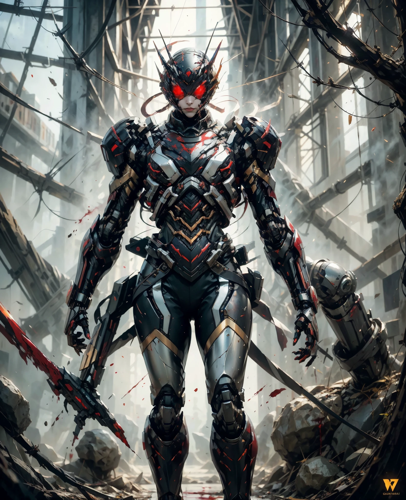 A woman adorned in fantasy-style full-body armor, a crown-concept fully enclosed helmet that unveils only her eyes, a composite layered chest plate, fully encompassing shoulder and hand guards, a lightweight waist armor, form-fitting shin guards, the overall design is heavy-duty yet flexible, the armor gleams with a golden glow, complemented by red and blue accents, exhibiting a noble aura, she floats above a fantasy-surreal high-tech city, this character embodies a finely crafted fantasy-surreal style armored hero in anime style, exquisite and mature manga art style, Queen Bee Concept Armor, ((bio mecha, blood, long legs, elegant, goddess, femminine:1.5)), metallic, high definition, best quality, highres, ultra-detailed, ultra-fine painting, extremely delicate, professional, anatomically correct, symmetrical face, extremely detailed eyes and face, high quality eyes, creativity, RAW photo, UHD, 32k, Natural light, cinematic lighting, masterpiece-anatomy-perfect, masterpiece:1.5