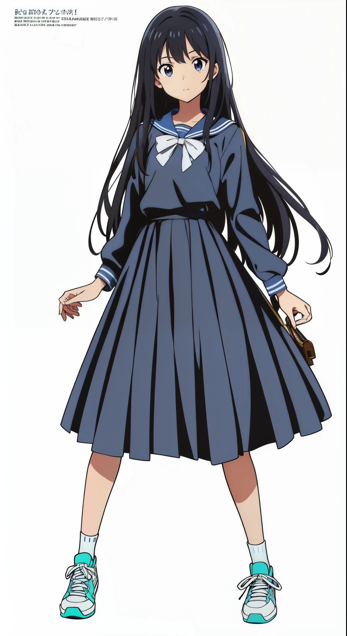 (white background:1.0), (best quality:1.0), (masterpiece:1.0), (super fine illustration:1.0), (beautiful artwork:1.0), (anime screencap:1.0), (official art:1.0), (full body:1.0), (solo:1.0), (a 15yo cute girl:1.0), (long skirt:1.0), (dark blue skirt:1.0), (pleated skirt:1.0), (dark blue sailor uniform:1.0), (long sleeve sailor uniform:1.0), (sneakers:1.0), (white socks:1.0), (ideal ratio body proportions:1.0), (lanky:1.0), (tall:1.0), (slender:1.0), (small breasts:1.0), (smaller face:1.0), (tareme:1.0), (detailed beautiful eyes:1.0), (detailed beautiful face:1.0), (glowing black eyes:1.0), (medium hair:1.0), (black hair:1.0), (standing:1.0), (looking at viewer:1.0)