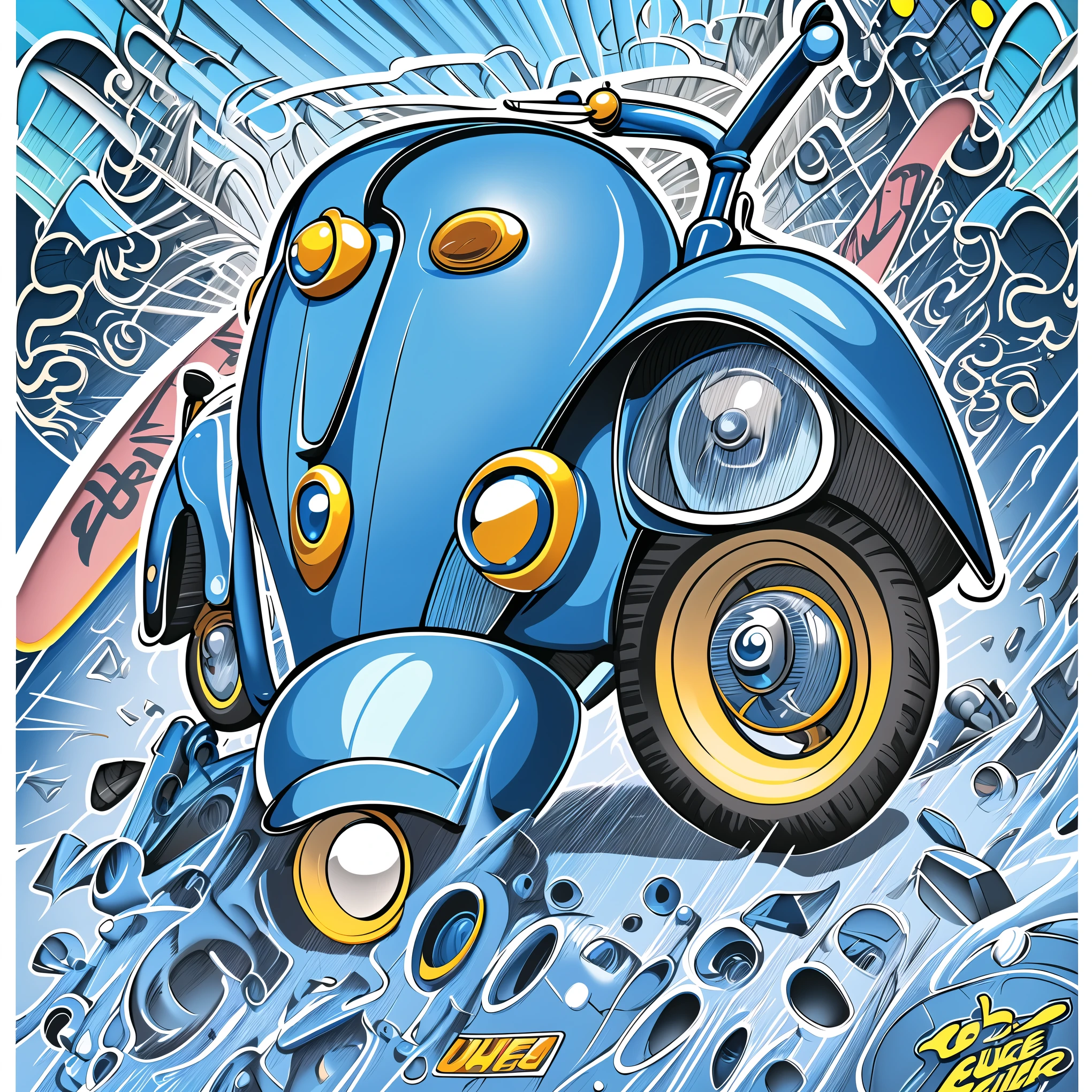 Blue Vespa scooter classic, highly detailed illustration.", vehicle illustration, beetle, cartoon style illustration, cartoon style, HD illustration, ultra detailed illustration, vector illustration, highly detailed hyper real, highly detailed illustration, high detail illustration, retro illustration, highly detailed cartoon, artistic illustration, highly detailed vector art, a beautiful art illustration