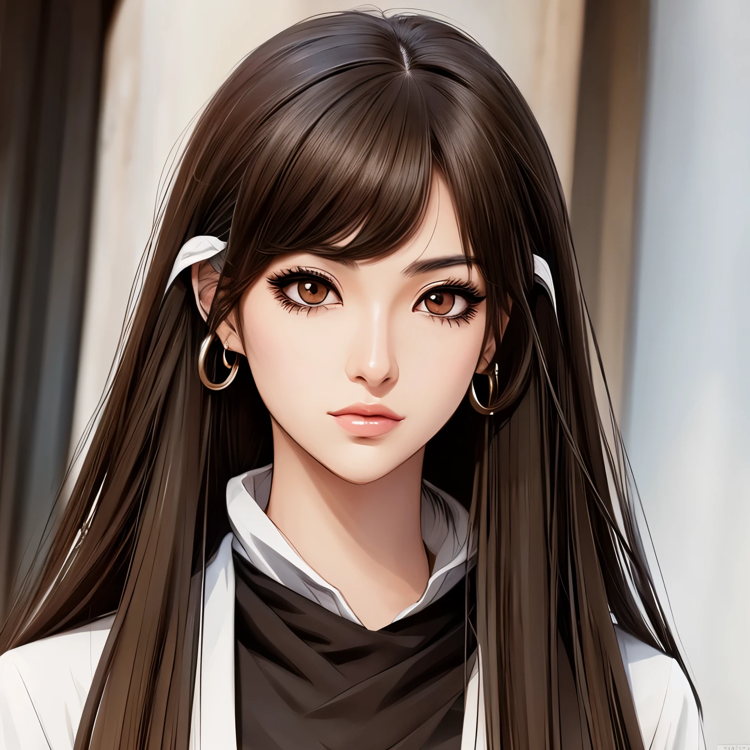 Draw a middle eastern Asian woman with black wolf cute hunter eyes black hair and only little make up with manga lashes give her a slight brown tone in the hair and dark brown eyes