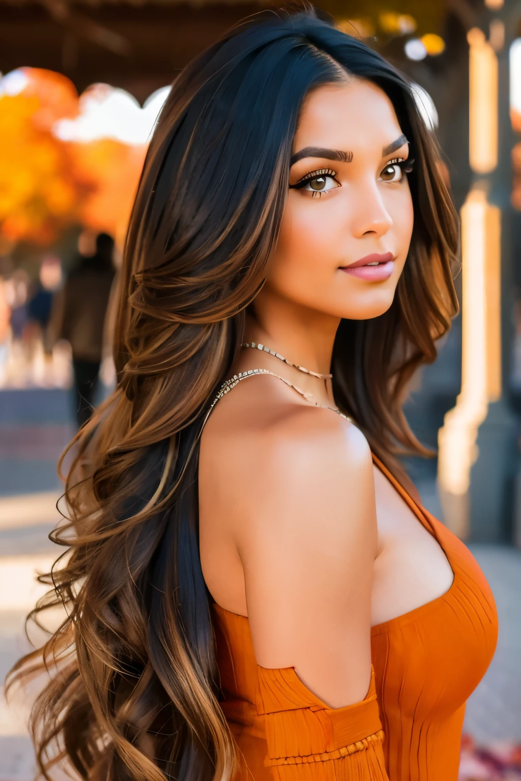 Generate full-body photograph of Autumn, 16k, The stunning brunette influencer. She should appear in her mid-20s, approximately 5'4" tall, with long, wavy brown hair that falls gracefully over her shoulders. She has an athletic hourglass figure accentuated by her full bust. Her complexion should be flawless, with a warm, sun-kissed tan. Autumn's expressive brown eyes must radiate charisma, and she must have a relaxed and confident demeanor. For the 'Pumpkin Spice Personified' theme, Autumn must dress in a bold and Spicy fall-inspired vibe that reflects your playful personality. Think fashionable, bold, and confident with a pinch of charm. Your environment should exude a cozy fall vibe, with elements like fallen leaves and warm lighting creating a backdrop. which highlights autumn's love for the season.Poses Autumn in a way that captures the essence of autumn and her energetic personality, emphasizing her playful charm and charisma.Intense look and makeup with autumn colors, symmetrical eyes, symmetrical face, photorealistic, photography, path tracing, specular lighting, volumetric facial light, traced hair, visible shadows, intricate, elaborate, hyper realistic