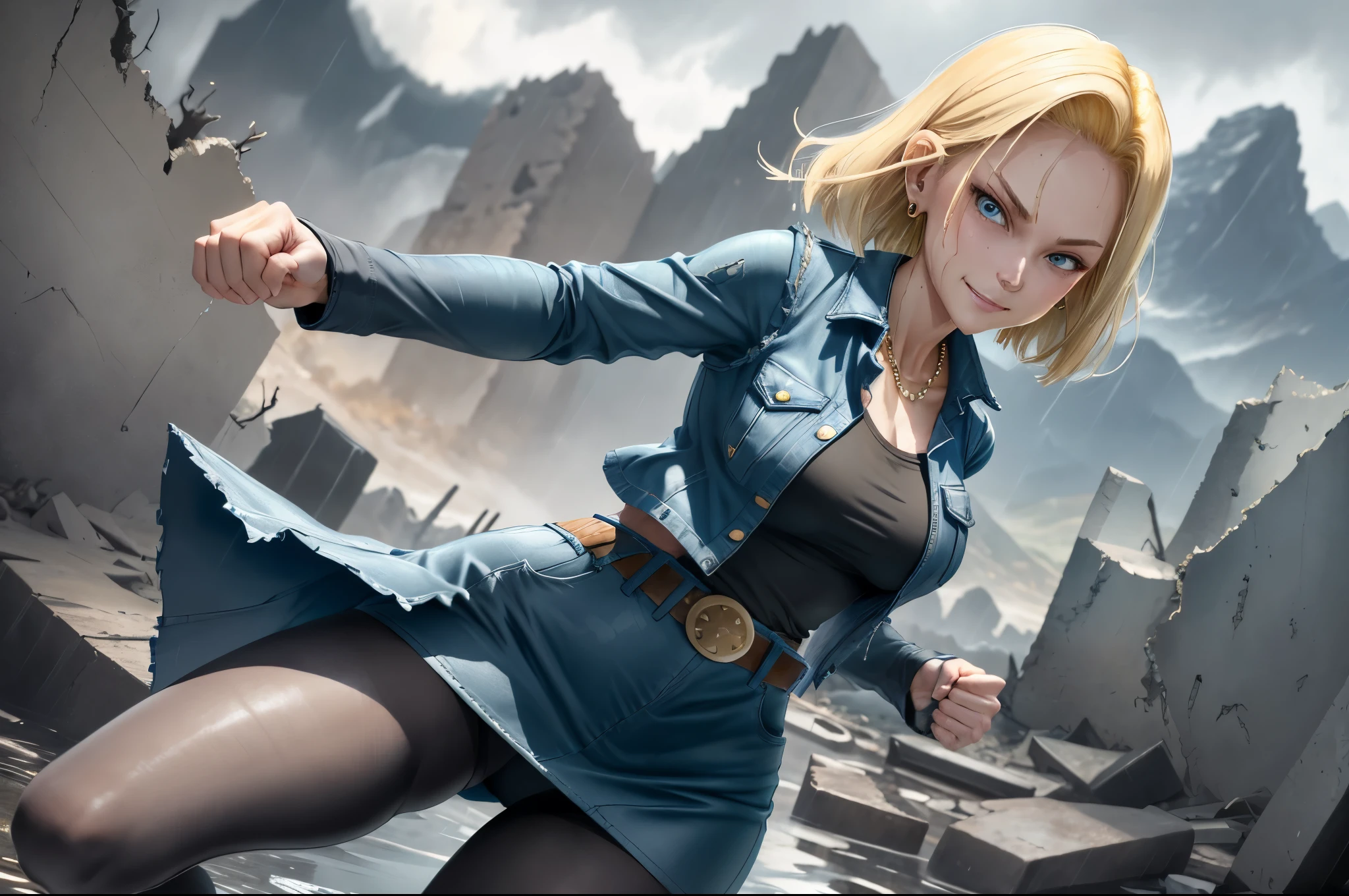 best quality, highres, and18, 1girl, android 18, solo, blonde hair, blue eyes, belt, tight blue demin skirt, gold_necklace, closed fists, black shirt, short hair, long sleeves, earrings, open vest, denim vest, , cowboy shot, mountains, straight-on, (weather: raining and windy), wet clothes, fierce smile, combat stance, full length pantyhose, battle ruins, wide , thick legs, wet body, dirty clothes,