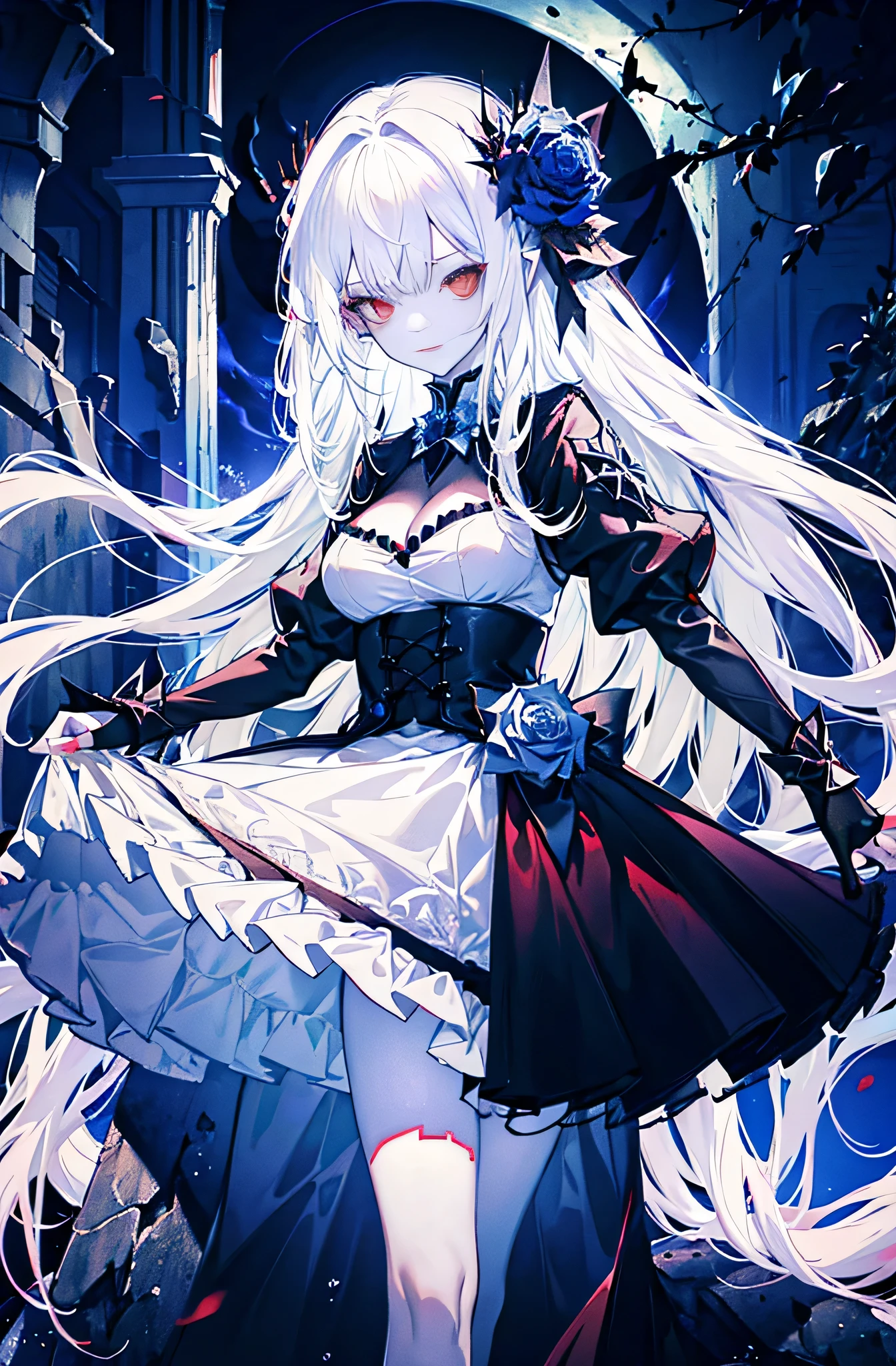 evil white haired maiden, Chain Sizing, sexy costume, red eyes, Black Gothic Costume, Red Moon and Blue Roses, fantasy background