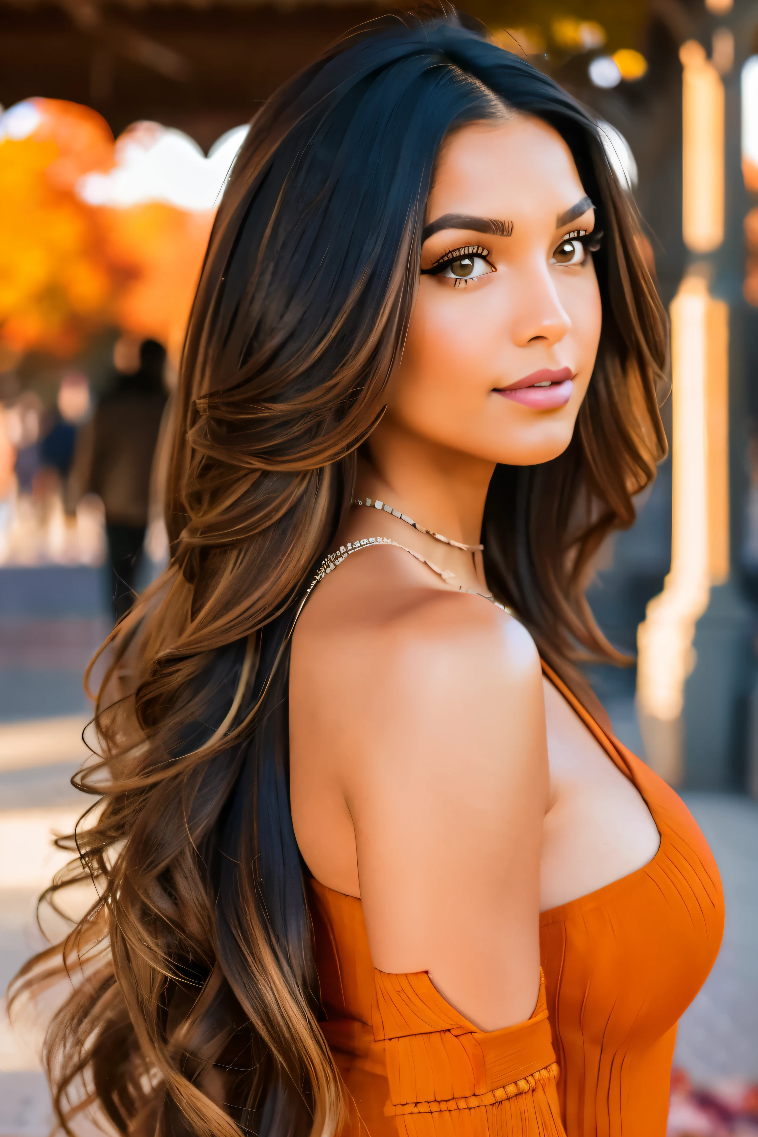 Generar Photography de cuerpo completo de Otoño, 16k, La impresionante influencer morena. She should show up in her mid-20s, aproximadamente 5'4" alto, con largo, Wavy brown hair that falls gracefully over her shoulders. She has an athletic hourglass figure accented by her full bust... Su tez debe ser impecable, with a warm, sun-kissed tan. Expressive brown eyes of autumn should radiate charisma, y ella debe tener un comportamiento relajado y confiado.. Para el tema 'Pumpkin Spice Personified', Autumn must dress in a Atrevido and Spicy fall-inspired vibe that reflects your playful personality. Piensa a la moda, Atrevido, y confiado con una pizca de encanto. Your environment should radiate a cozy autumn atmosphere, with elements such as fallen leaves and warm lighting creating a backdrop. that highlights fall&#39;s love for the season.Poses Autumn in a way that captures the essence of autumn and her energetic personality., emphasizing his playful charm and charisma.Intense look and makeup with autumn colors., symmetrical eyes, symmetrical face, fotorrealista, Photography, rastreo de camino, specular lighting, volumetric face light, Cabello trazado, sombras visibles, intrincado, elaborar, Hyper realistic