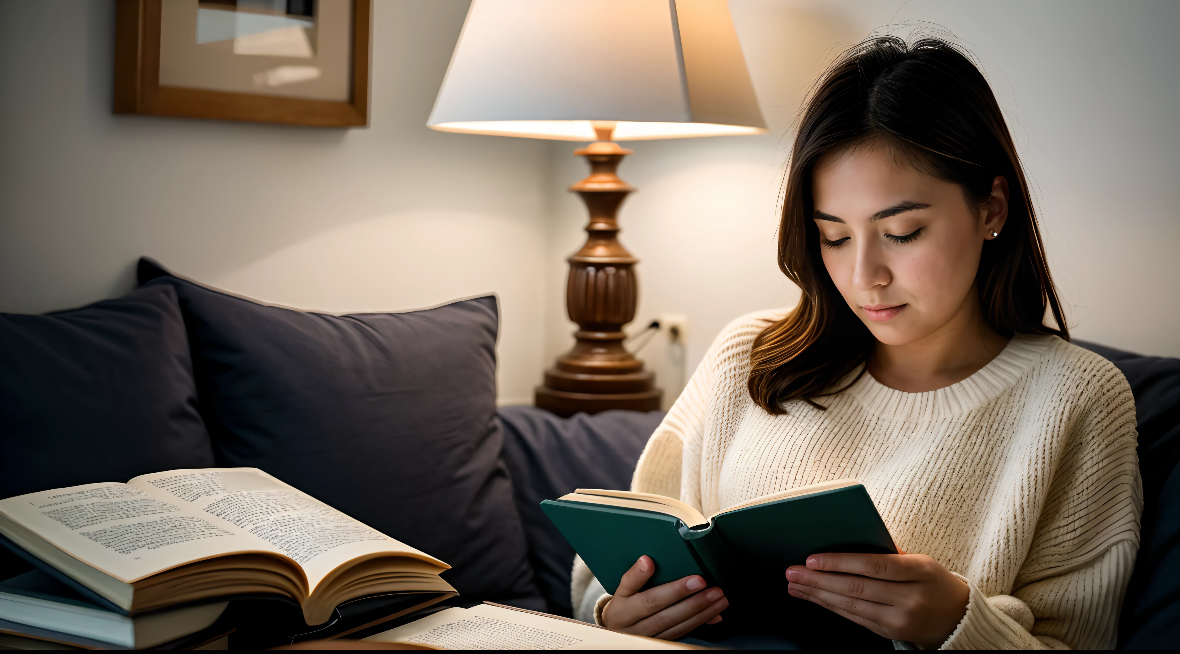 foto do instagram, foto de rosto em close, A moving composition featuring a woman reading under the soft glow of a reading lamp, imerso no mundo da literatura, Fujifilm X-T4 com 35mm f/2 lentes, cozy ambient lighting, fotografia contemplativa.
