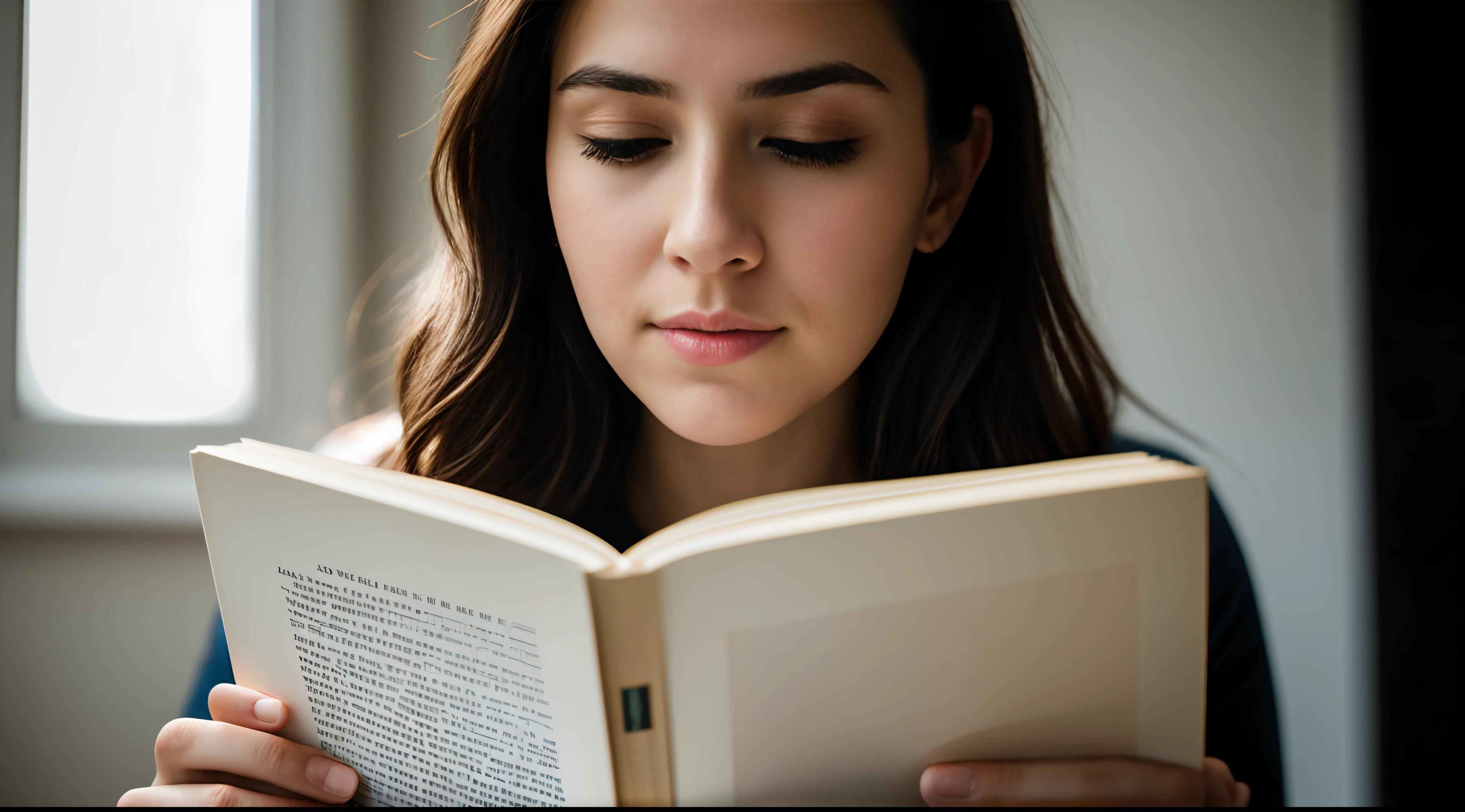 foto do instagram, foto de rosto em close, Um retrato reflexivo de uma mulher com um livro aberto, his thoughts intertwined with literary characters, Canon EOS R6 com 85mm f/1.4 lentes, Warm Studio Lighting, fotografia de literatura introspectiva.