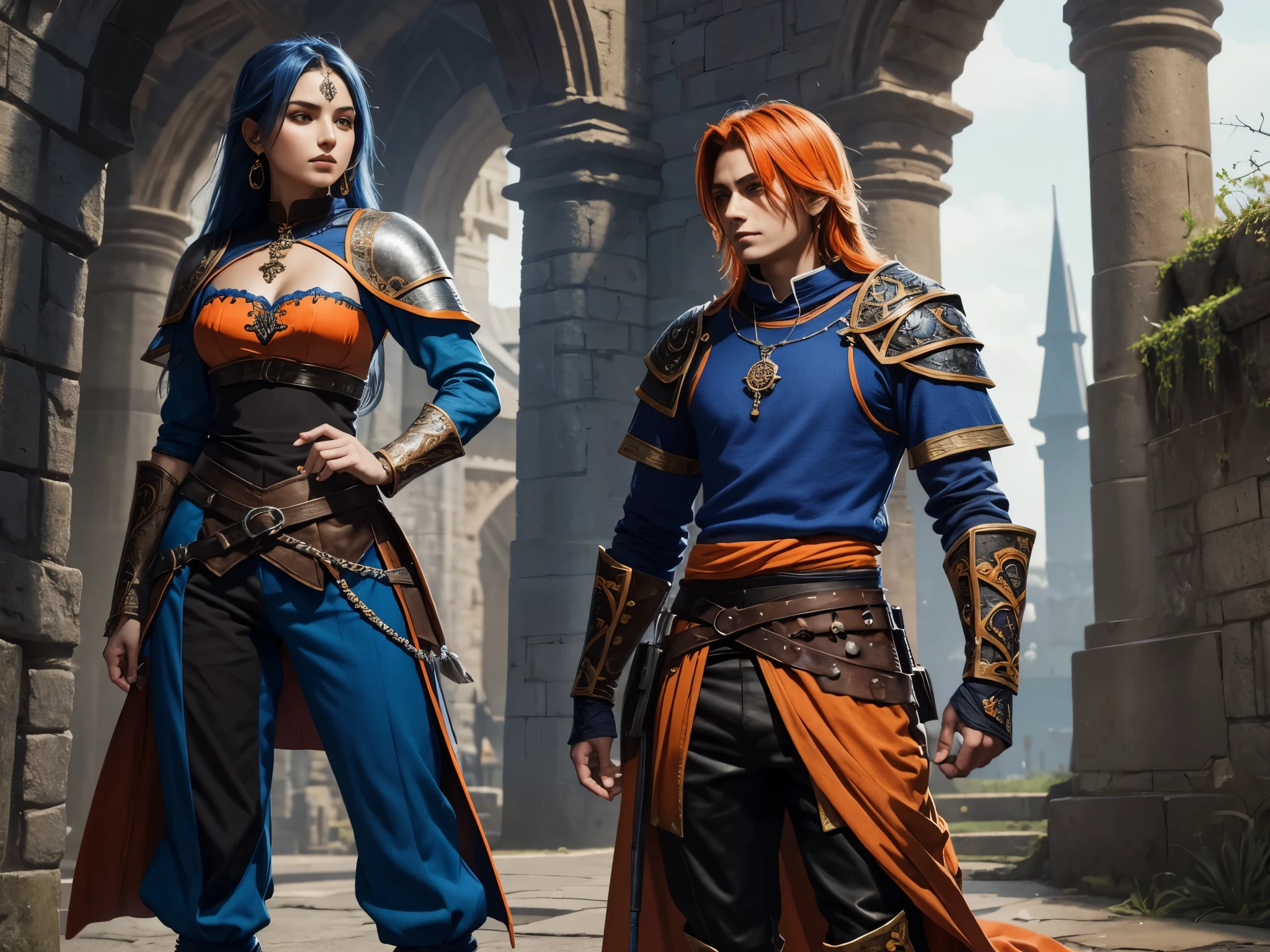 Blue medieval fantasy world outfit with orange and black pants
