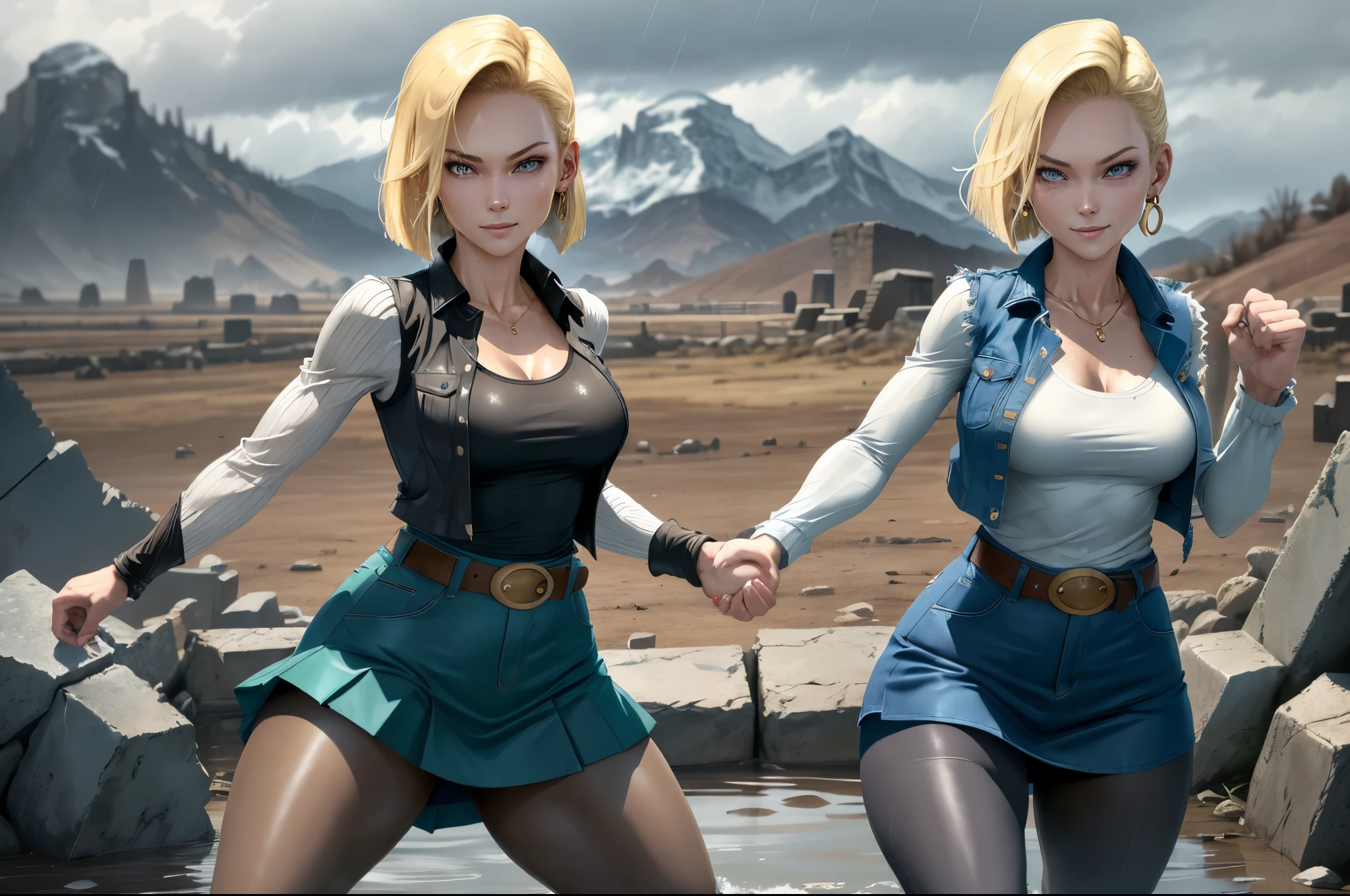best quality, highres, and18, 1girl, android 18, solo, blonde hair, blue eyes, belt, tight blue demin skirt, gold_necklace, closed fists, black shirt, short hair, long sleeves, earrings, open vest, denim vest, medium breasts, cowboy shot, mountains, straight-on, (weather: raining and windy), wet clothes, fierce smile, combat stance, full length pantyhose, battle ruins, wide hips, thick legs, wet body, dirty clothes,