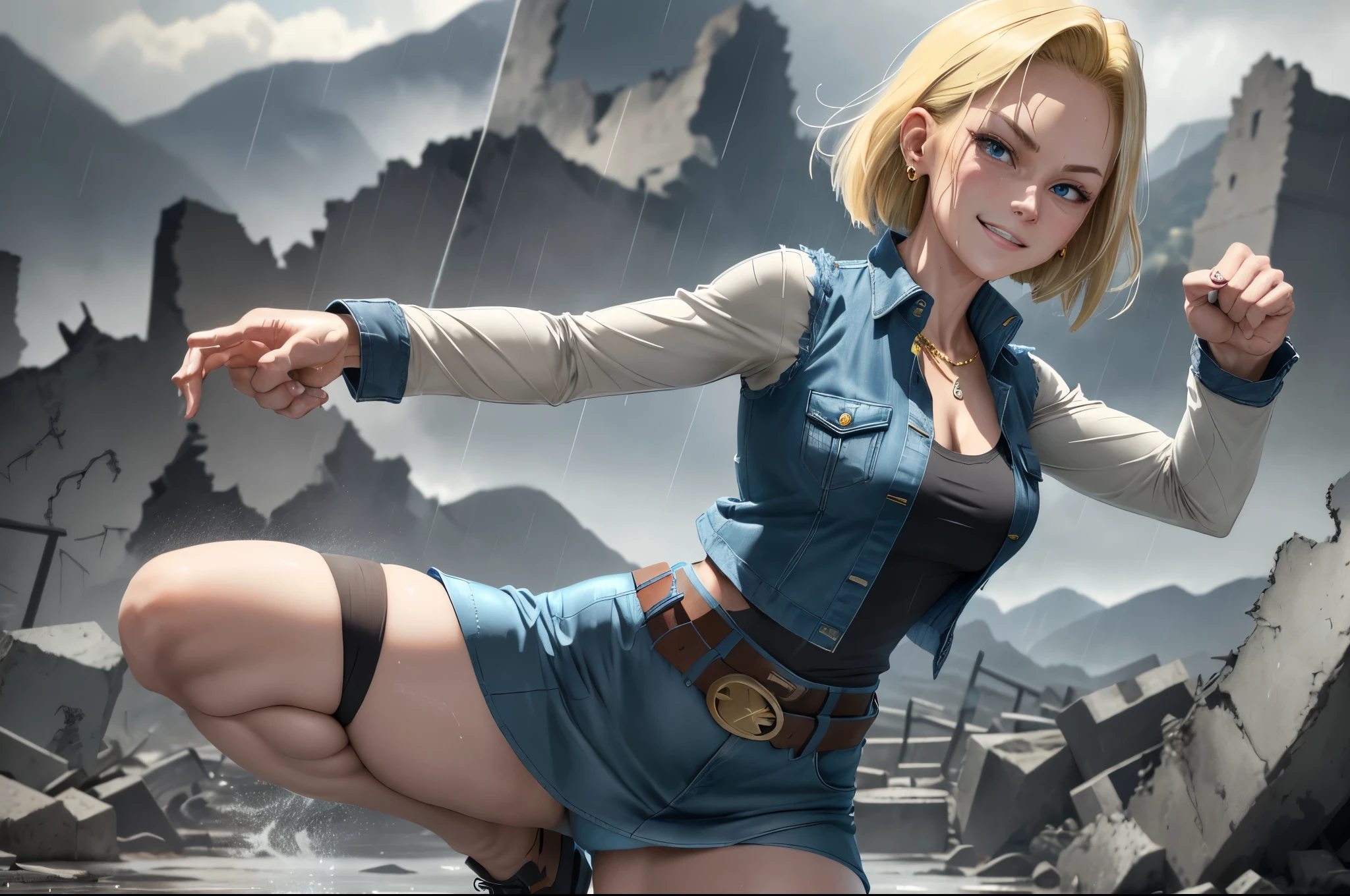 best quality, highres, and18, 1girl, android 18, solo, blonde hair, blue eyes, belt, tight blue demin skirt, gold_necklace, closed fists, black shirt, short hair, long sleeves, earrings, open vest, denim vest, medium breasts, cowboy shot, mountains, straight-on, (weather: raining and windy), wet clothes, fierce smile, combat stance, full length pantyhose, battle ruins, wide hips, thick legs, wet body, dirty clothes,