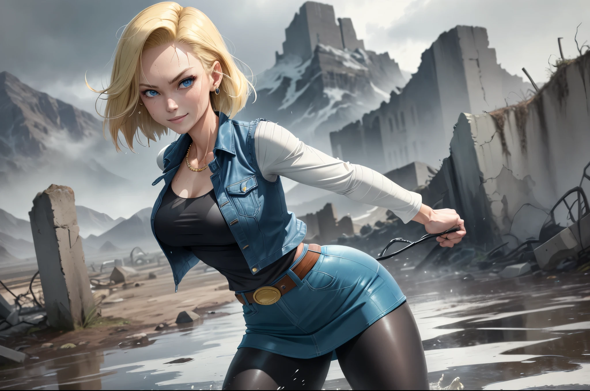 best quality, highres, and18, 1girl, android 18, solo, blonde hair, blue eyes, belt, tight blue demin skirt, gold_necklace, closed fists, black shirt, short hair, long sleeves, earrings, open vest, denim vest, medium breasts, cowboy shot, mountains, straight-on, (weather: raining and windy), wet clothes, fierce smile, combat stance, full length pantyhose, battle ruins, wide hips, thick legs, wet body, dirty clothes,