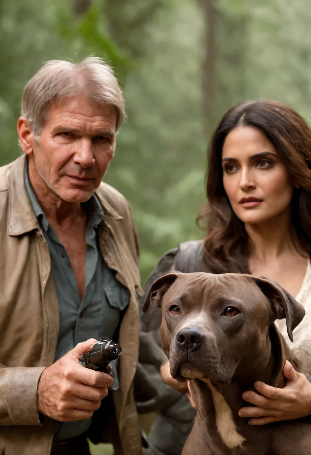 Indiana jones (Harrison Ford) with Indiana Jones (Salma Hayek) with a grey Pitbull ,high quality.