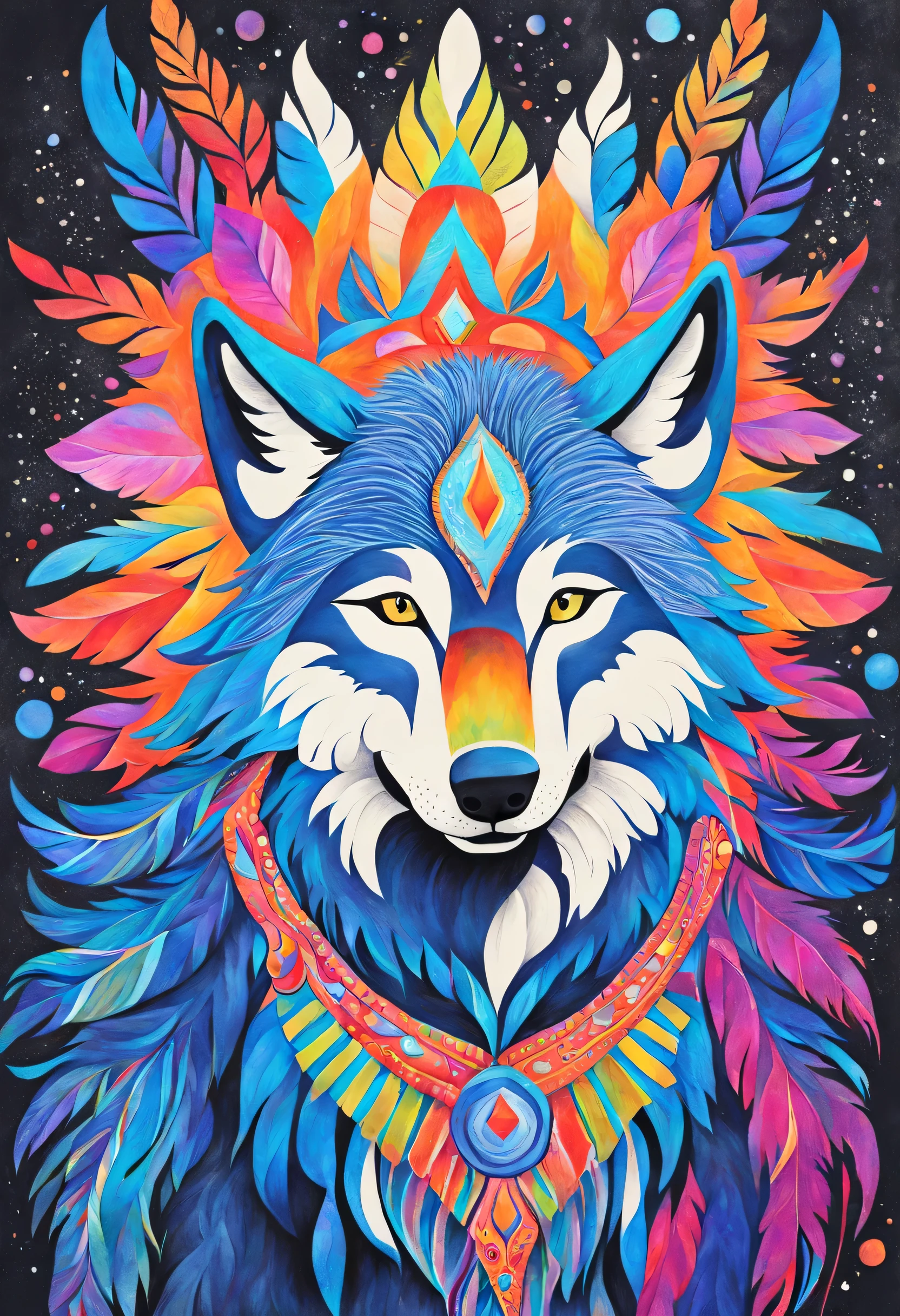Une magnifique peinture d'un loup magnifique et texturé dans le style et les détails du dessin Sami, et dans le style psychédélique, couleurs flashy. Rester dans l'univers Sami