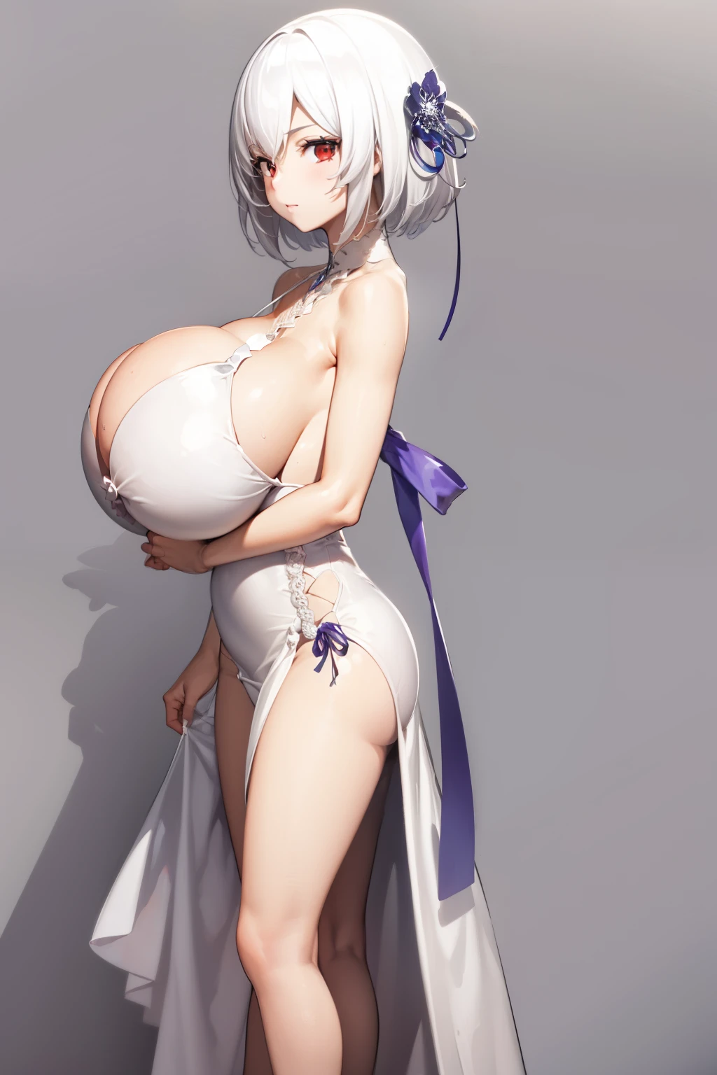masterpiece, best quality, 1girl, solo, (huge breasts 2.0), (breast implants, fake tits, unaligned breasts, perfectly round breasts), SFW, evening gown, standing, cowboy shot, looking at viewer, Bikini, Long Hair, Detailed eyes,Full Body,side view, looking at viewer,from side,siriusrose,purple ribbon,short hair,white hair,red eyes