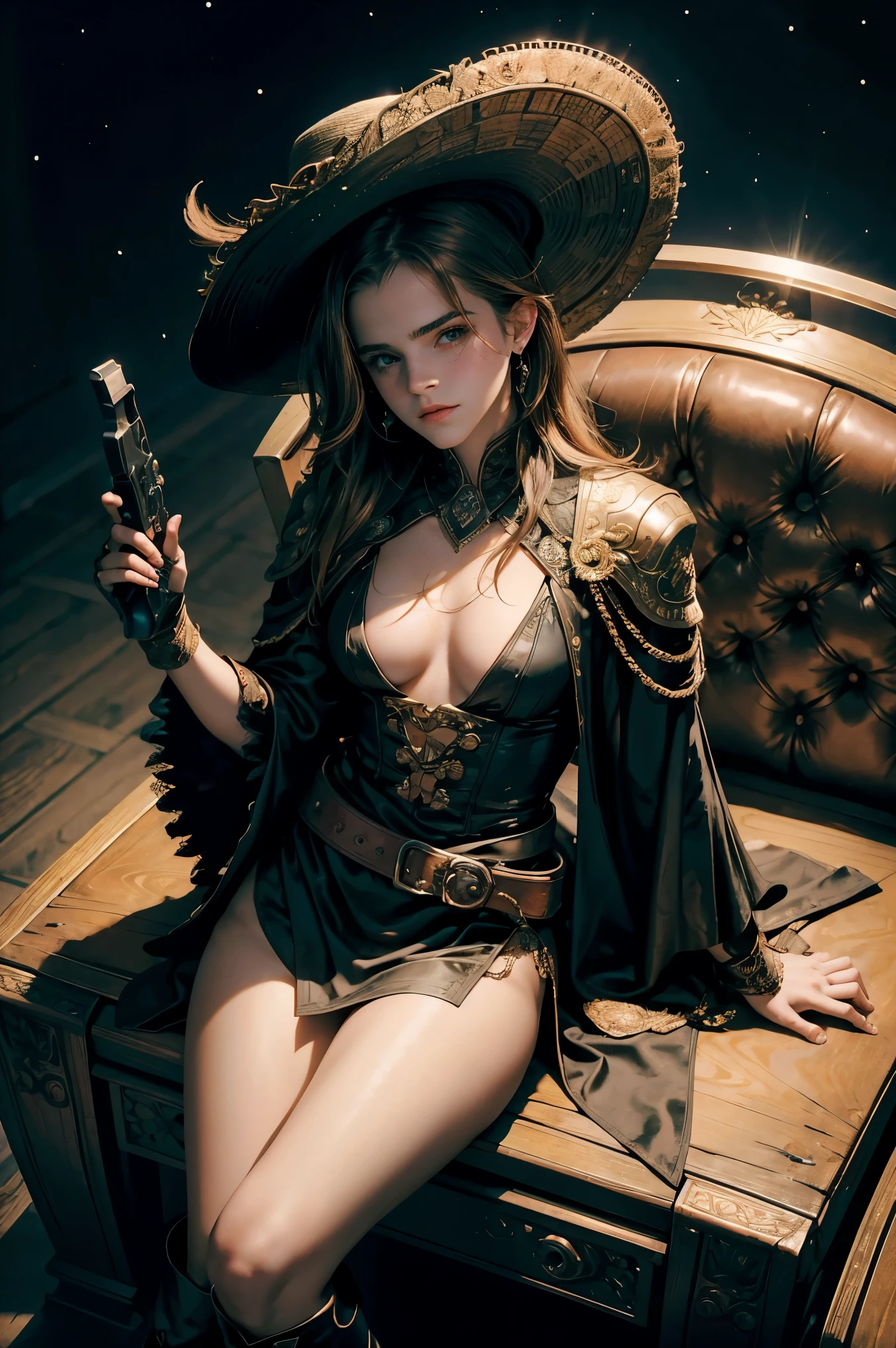masterpiece. from above shot. 8k image, raw photo shot on 35mm film of beautiful sexy gunslinger teen Emma Watson. intricate stylish matador costume, sombrero, boots.  athletic. touching revolver with tongue. night. she leaning on throne in spaceship. background event horizon. sweating. from above.