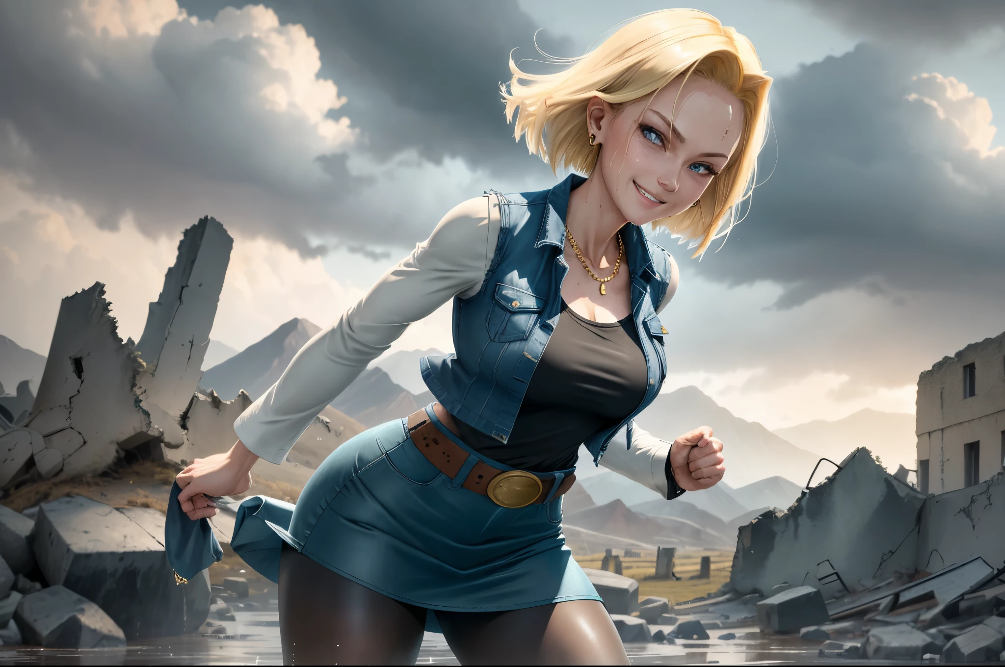 best quality, highres, and18, 1girl, android 18, solo, blonde hair, blue eyes, belt, tight blue demin skirt, gold_necklace, closed fists, black shirt, short hair, long sleeves, earrings, open vest, denim vest, medium breasts, cowboy shot, mountains, straight-on, (weather: raining and windy), wet shirt, sext smile, combat stance, full length pantyhose, battle ruins, wide hips, thick legs, dirty clothes,