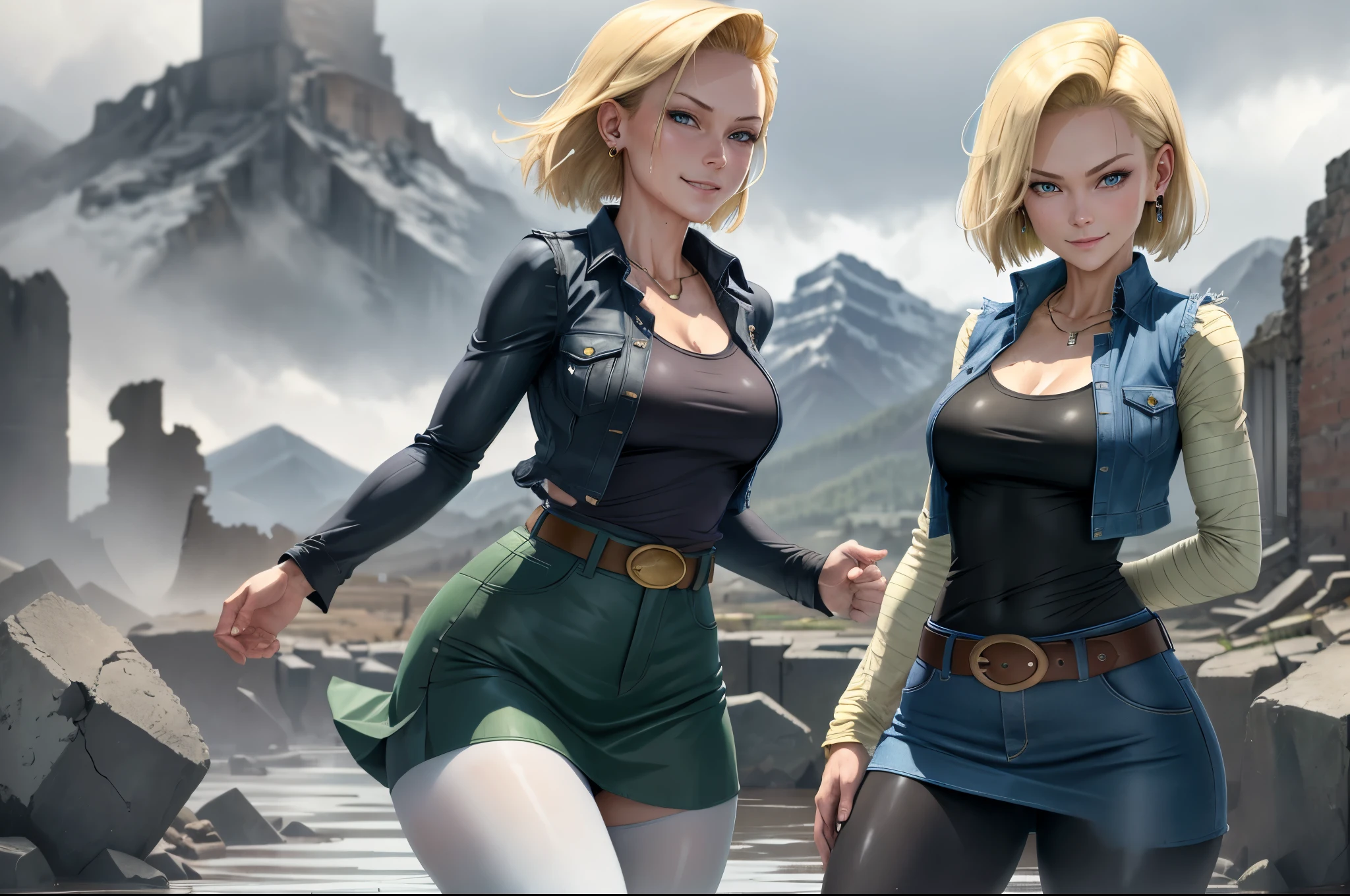 best quality, highres, and18, 1girl, android 18, solo, blonde hair, blue eyes, belt, tight blue demin skirt, gold_necklace, closed fists, black shirt, short hair, long sleeves, earrings, open vest, denim vest, medium breasts, cowboy shot, mountains, straight-on, (weather: raining and windy), wet shirt, sext smile, combat stance, full length pantyhose, battle ruins, wide hips, thick legs, dirty clothes,