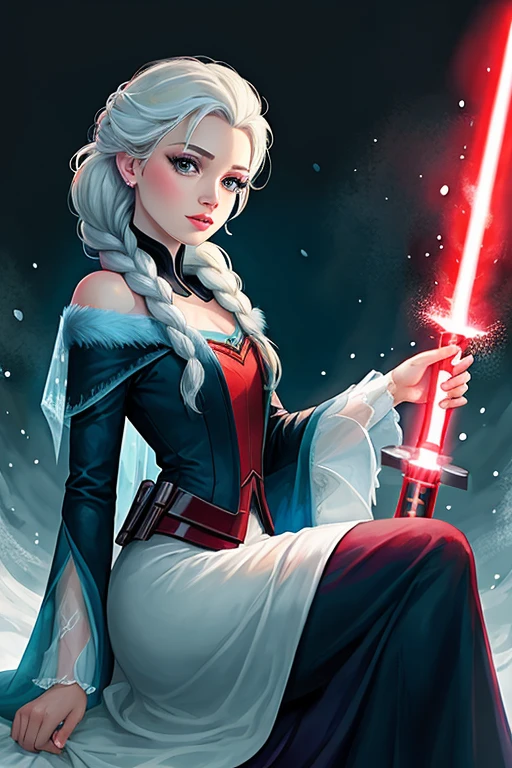 Disney princess from Frozen dressed in Sith clothing and holding a red lightsaber