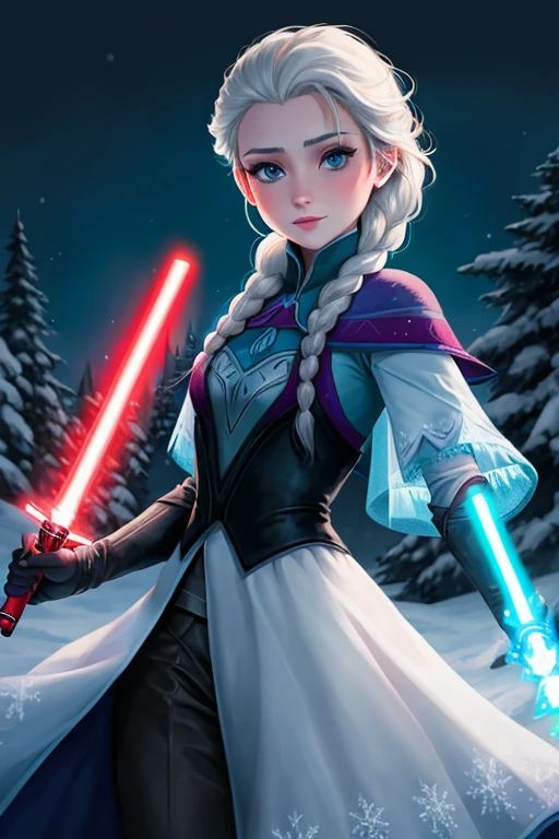 Disney princess from Frozen dressed in Sith clothing and holding a red lightsaber
