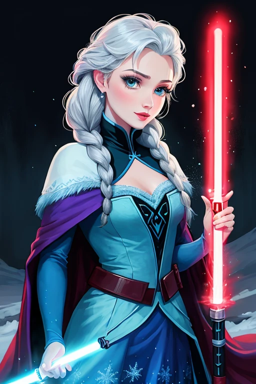 Disney princess from Frozen dressed in Sith clothing and holding a red lightsaber