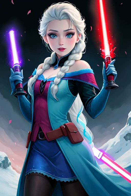 Disney princess from Frozen dressed in Sith clothing and holding a red lightsaber