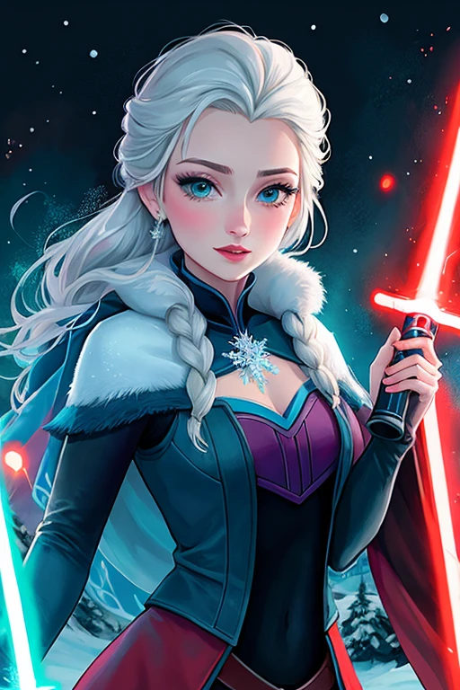 Disney princess from Frozen dressed in Sith clothing and holding a red lightsaber