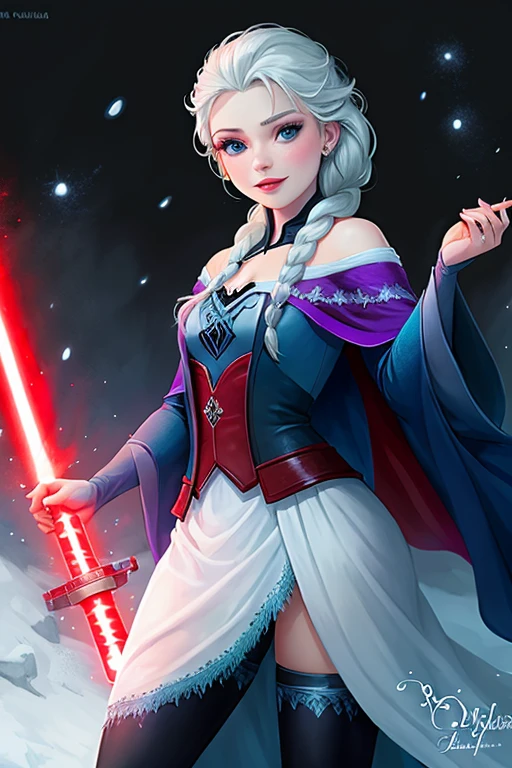 Disney princess from Frozen dressed in Sith clothing and holding a red lightsaber