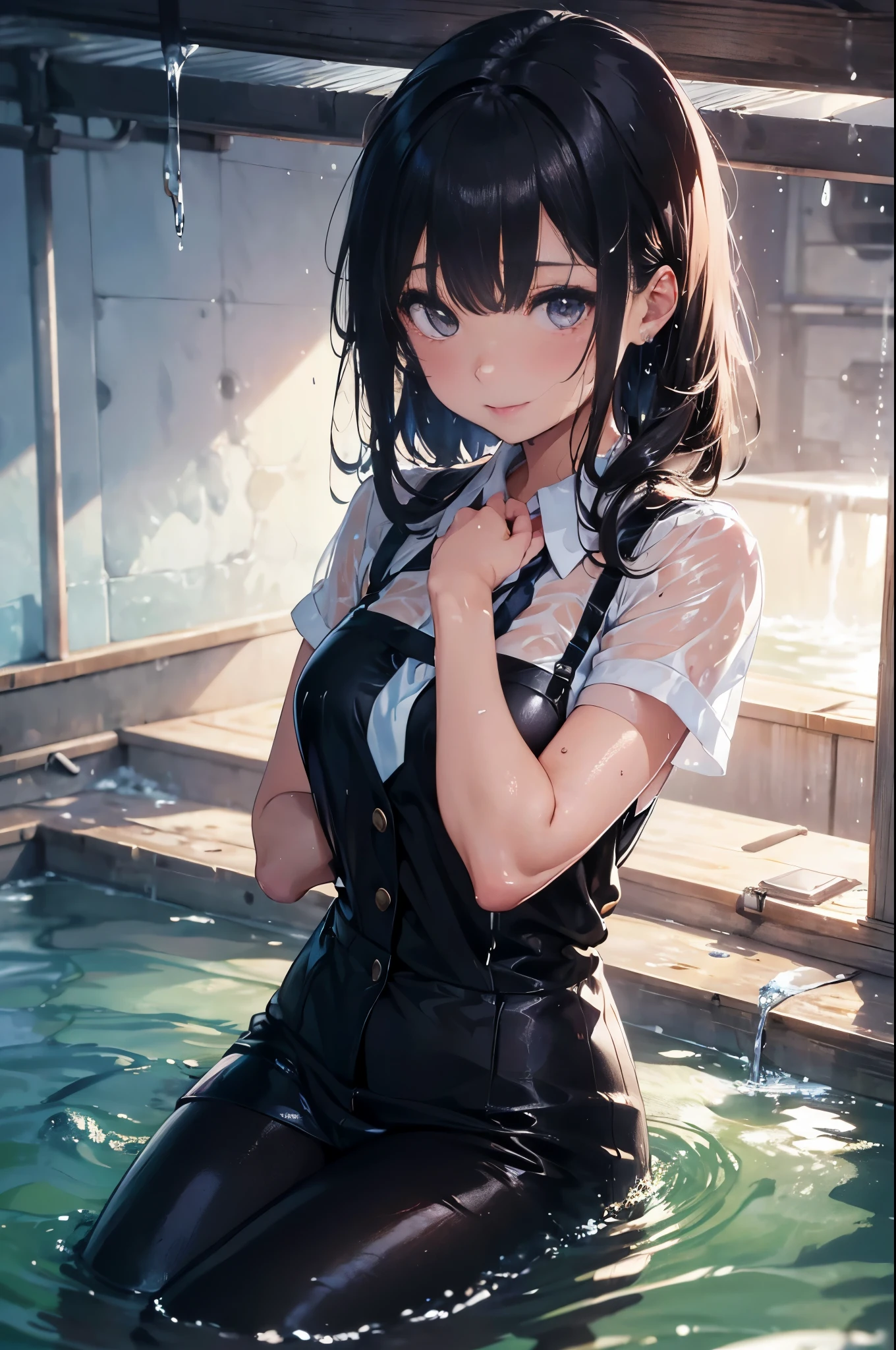 (Superflat, Flat Shading, flat-colors:1.1)、(Magazine Cover)、Illustrations、(one asian boyish girl)、(cute little:1.2)、very beautiful 14 year old cartoon girl、Great smile、cheeks are reddened、(High Detail Skin: 1.2)、photorealistic anime girl render、realistic anime 3 d style、cute littleボブカット、Beautiful brown hair、Intense black eyes、Strong highlights of the eyes、(A detailed、medium chest)、Perfect Anatomy、hair messy、old style sportswear、((Leotard transparent with sweat))、((Wet with water))、On the bench、Sit up、From below、((from the front side))、Showing off a white leotard、Rhythmic gymnastics uniforms、Sportswear with a small area、Angle from your feet、Angle from below、((Angle looking up from below、Crotch show off))、studio with mirror、Volumetric lighting、Soft light、Bright、neons、Vibrant colors、watercolor paiting、