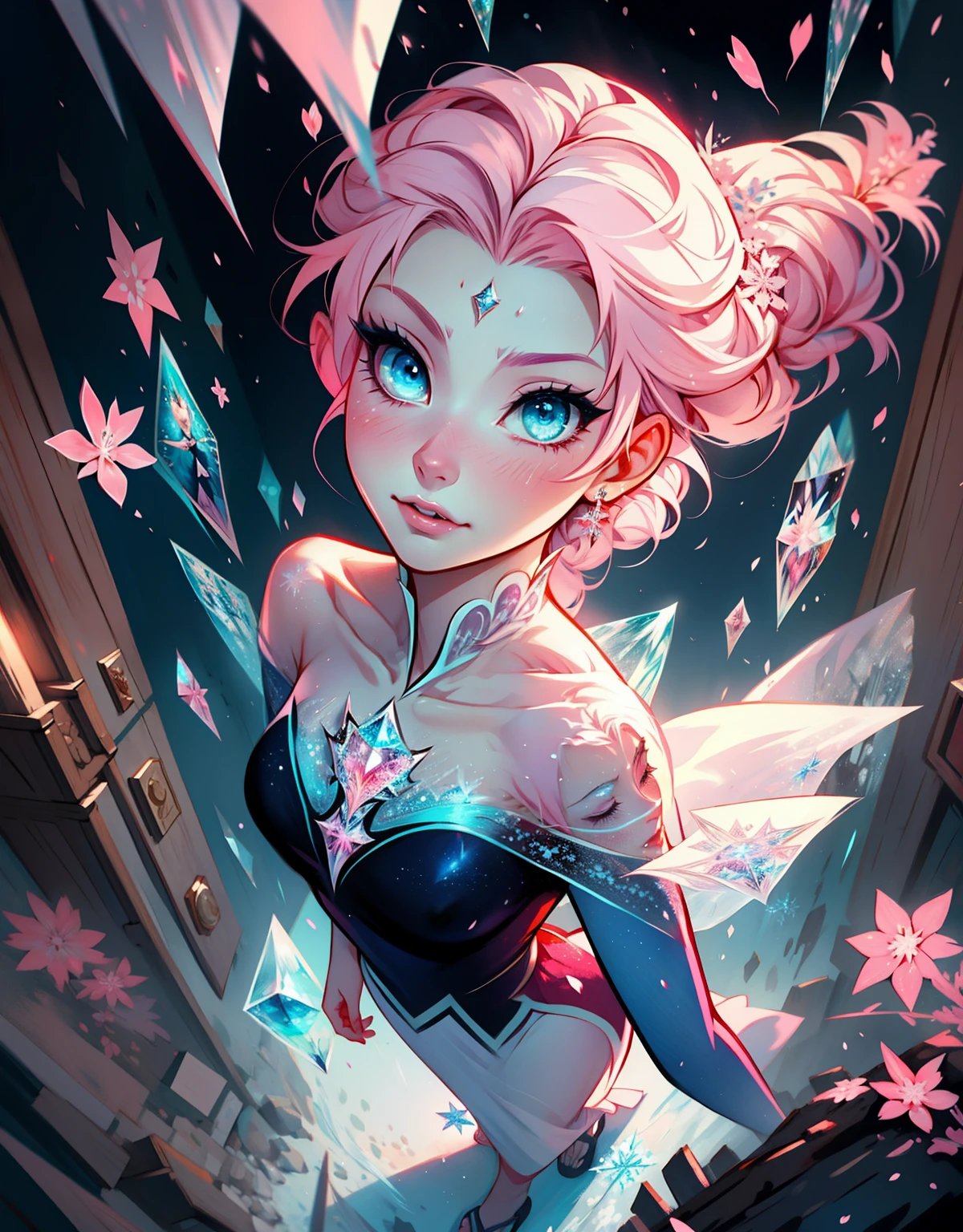 1 mulher, fantasiada de Elsa, strong emotions, sakura,pink hair, cabelo curto, luz, foco, frozen, como elza de frozen , corpo inteiro, solo, magia ao seu redor. illustration! from head to toe, vestido azul,neve,