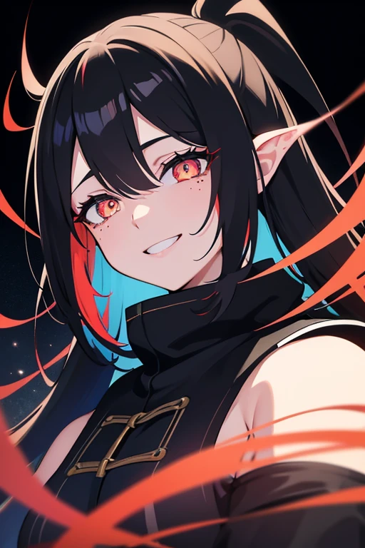 black hair, long eyelashes, light smile, tusk, striated hair, multicolored hair, colored inner hair, red hair, hair clip, mole under eyes, incompatible pupils, empty eyes, empty eyes, dilated pupils, heart-shaped pupils, smiling, shadow, anaglyph, depth of field, motion blur, brightness, color field painting, anime style, 8k, super detail, best quality, UHD, 8k