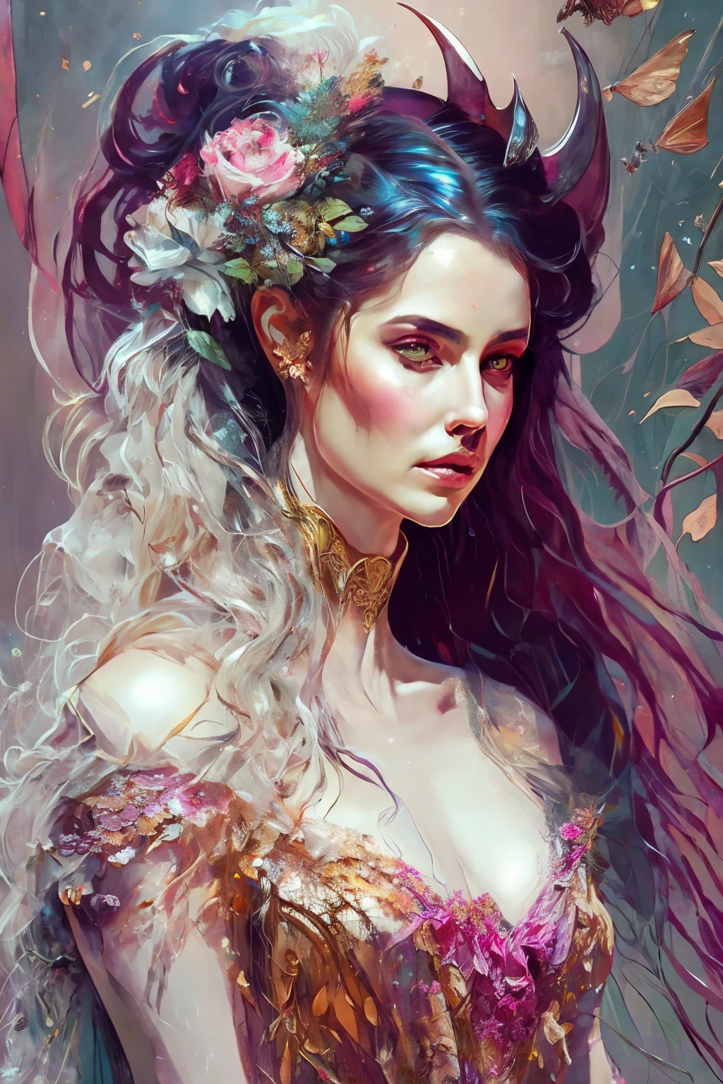 Beautiful chiaroscuro painting of a seductive Succubus in perfection, small horns adorn her forehead, her full figure is captured in all its shapely glory, her long hair, shapeless yet mesmerizing, frames her perfect features. She wears a revealing Rococo style evening dress that clings to her form, emphasizing her ethereal beauty. The painting is a collaborative work by Carne Griffiths, Wadim Kashin (Concept Art), and is titled "Near Perfection: The Pure Form of a Succubus," showcasing abstract beauty and stand-alone perfection. The background is an intricately designed ethereal scene,
