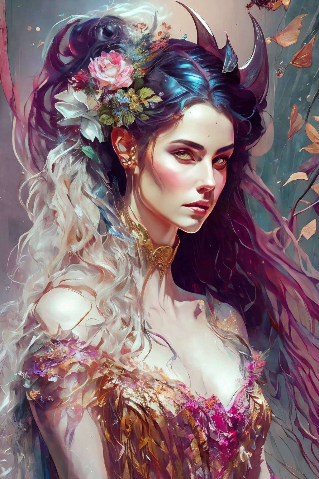 Beautiful chiaroscuro painting of a seductive Succubus in perfection, small horns adorn her forehead, her full figure is captured in all its shapely glory, her long hair, shapeless yet mesmerizing, frames her perfect features. She wears a revealing Rococo style evening dress that clings to her form, emphasizing her ethereal beauty. The painting is a collaborative work by Carne Griffiths, Wadim Kashin (Concept Art), and is titled "Near Perfection: The Pure Form of a Succubus," showcasing abstract beauty and stand-alone perfection. The background is an intricately designed ethereal scene,