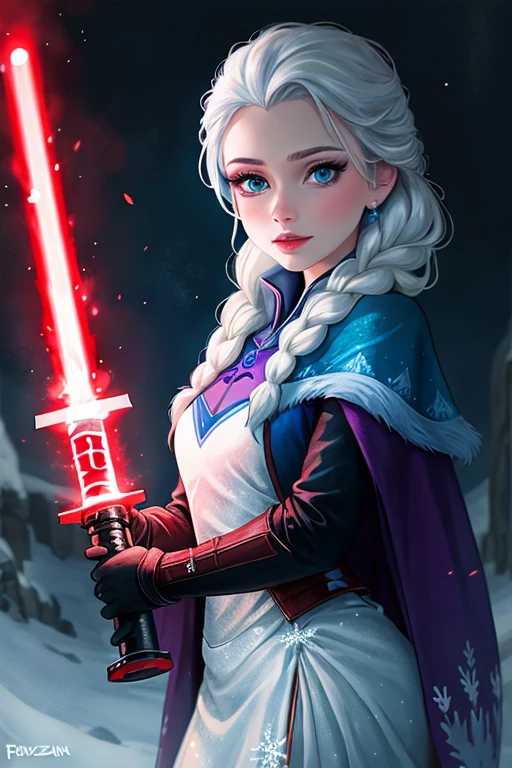 Disney princess from Frozen dressed in Sith clothes and holding a red lightsaber in her hands