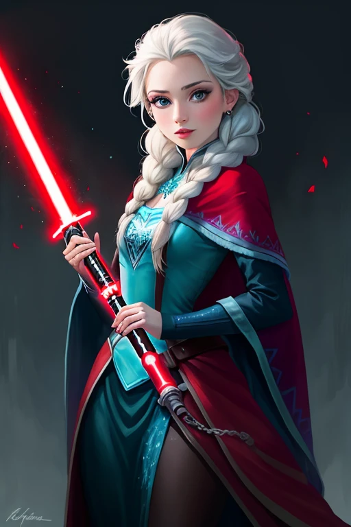 Disney princess from Frozen dressed in Sith clothes and holding a red lightsaber in her hands