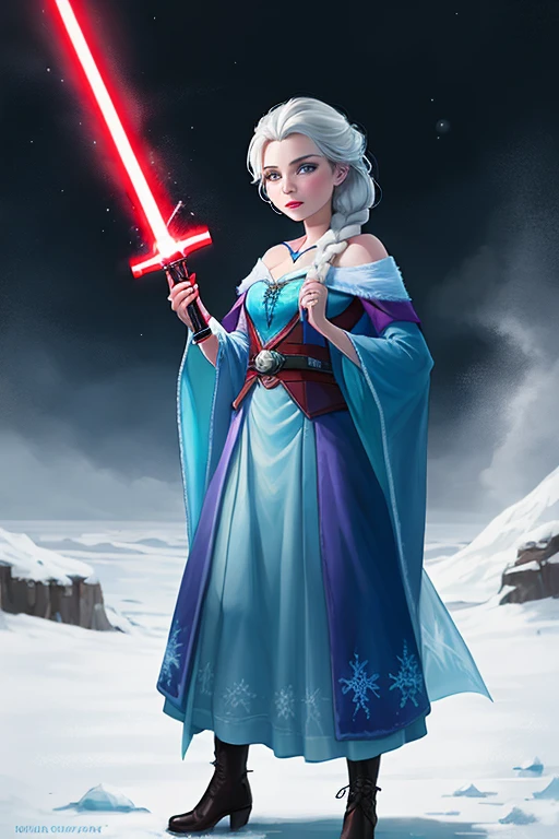 Disney princess from Frozen dressed in Sith clothes and holding a red lightsaber in her hands