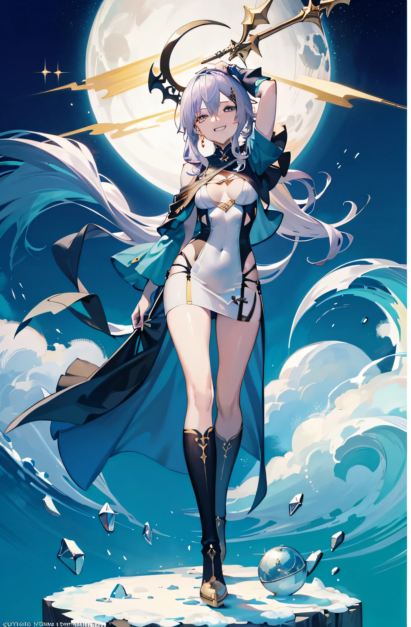 (masterpiece, highest quality, highest quality, official art, beautiful and aesthetic:1.2), (1 girl:1.3), wavy long hair, light purple hair, very detailed, portrait, looking at the viewer, alone, (whole body:0.6), detailed background, close, shining eyes, (cold arctic winter theme:1.1), fortune teller, Charlatan, grin and laugh, Mysterious, ((Are standing)), colorful shoulderless loose gypsy fortune teller clothes, holy grail, ((whole body)),Mini skirt dresses,